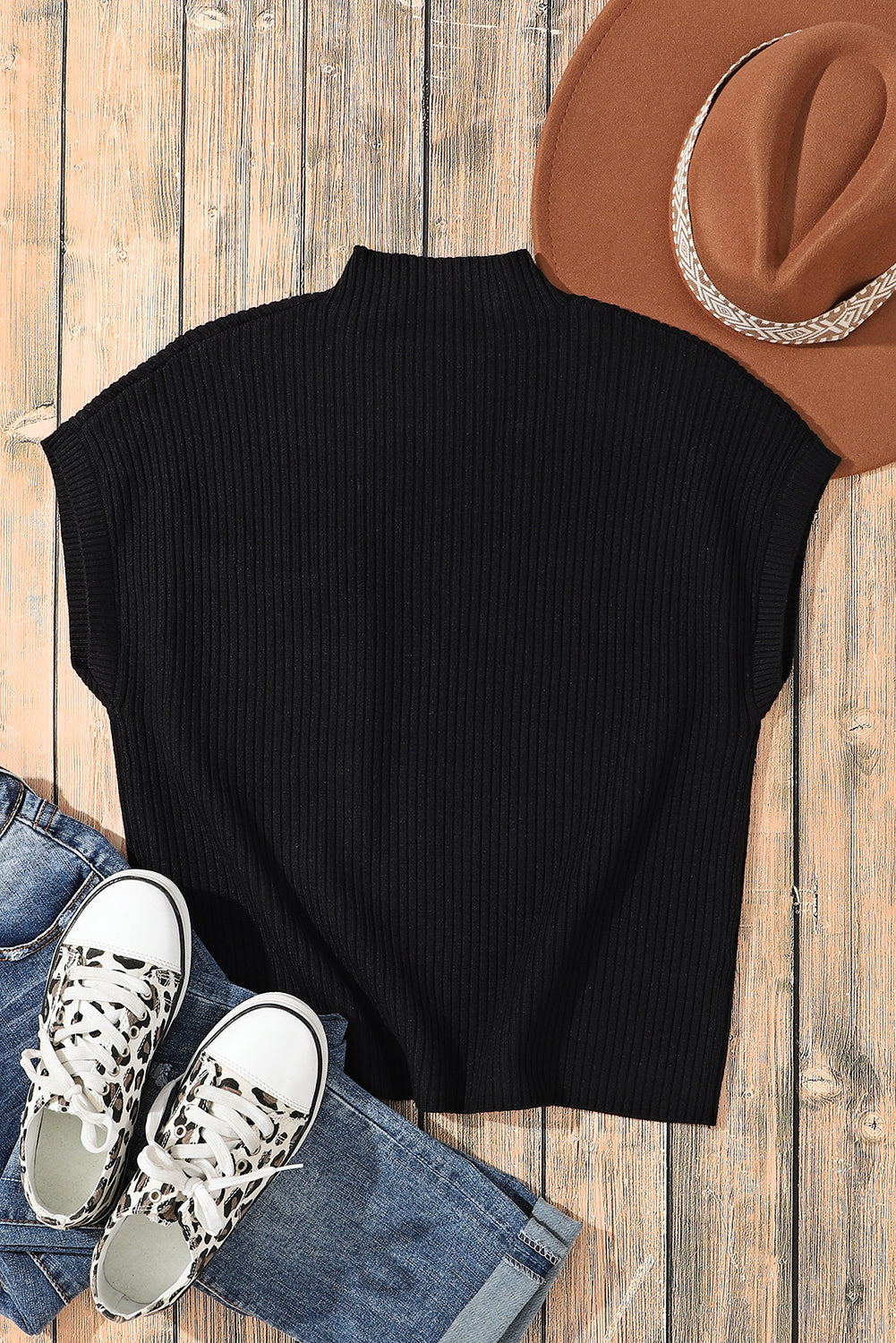 Black Patch Pocket Ribbed Knit Short Sleeve Sweater-Chaelisa's New Jammies