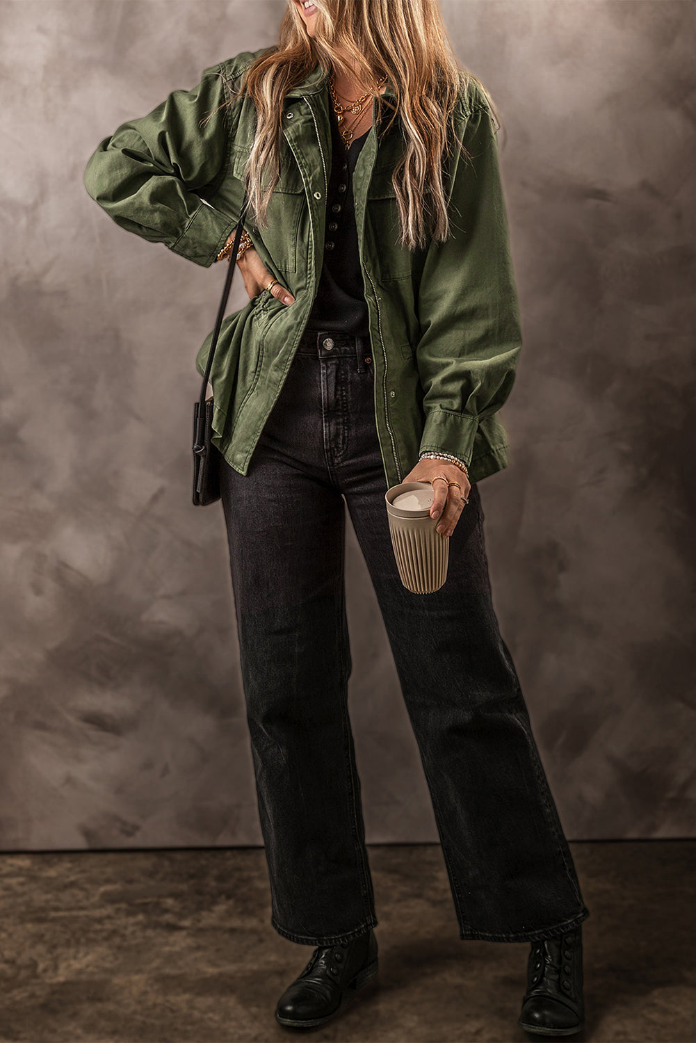 Moss Green Snap Button Zipper Tight Waist Collared Jacket-Chaelisa's New Jammies