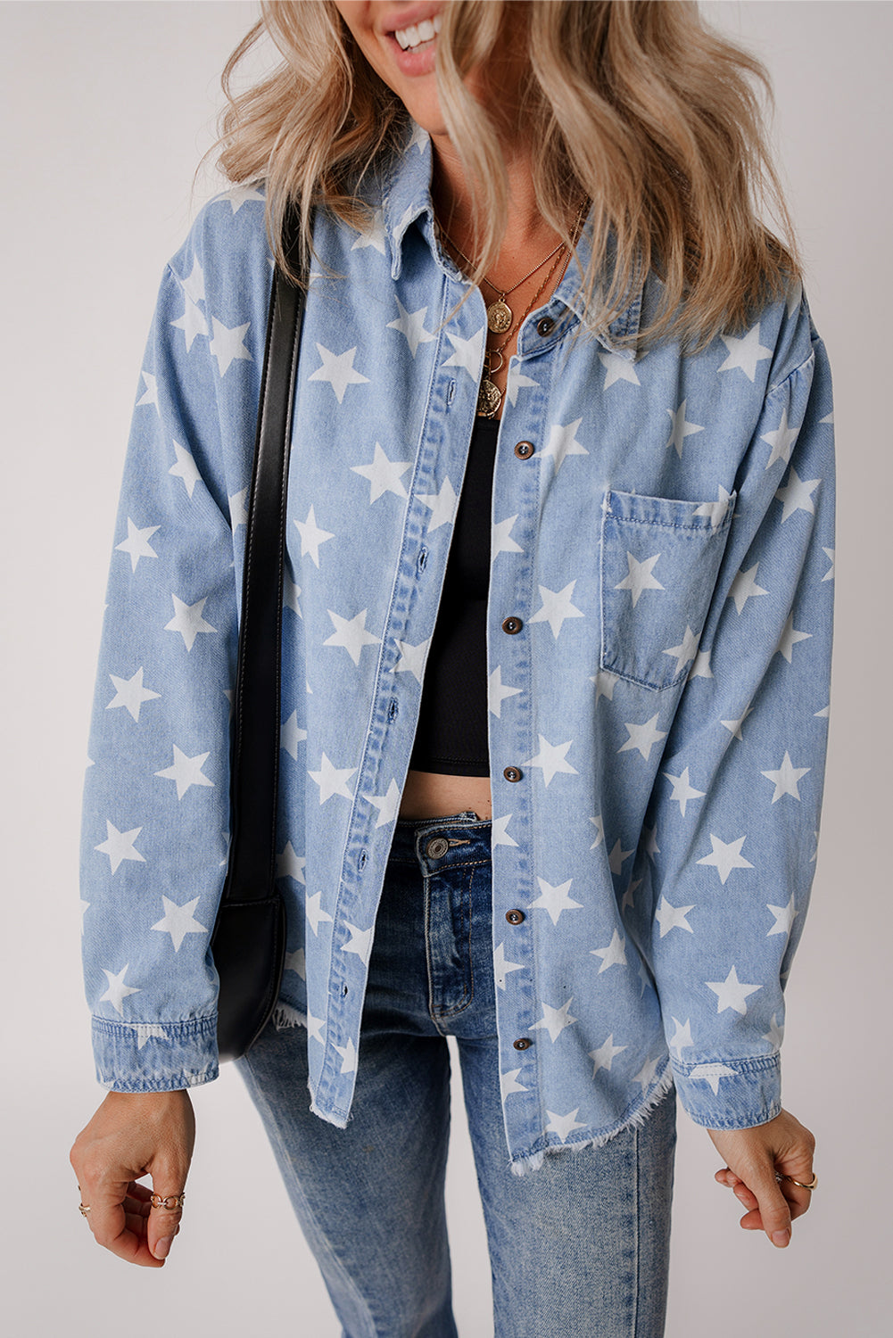 Sky Blue Star Print Light Wash Raw Hem Denim Jacket-Chaelisa's New Jammies