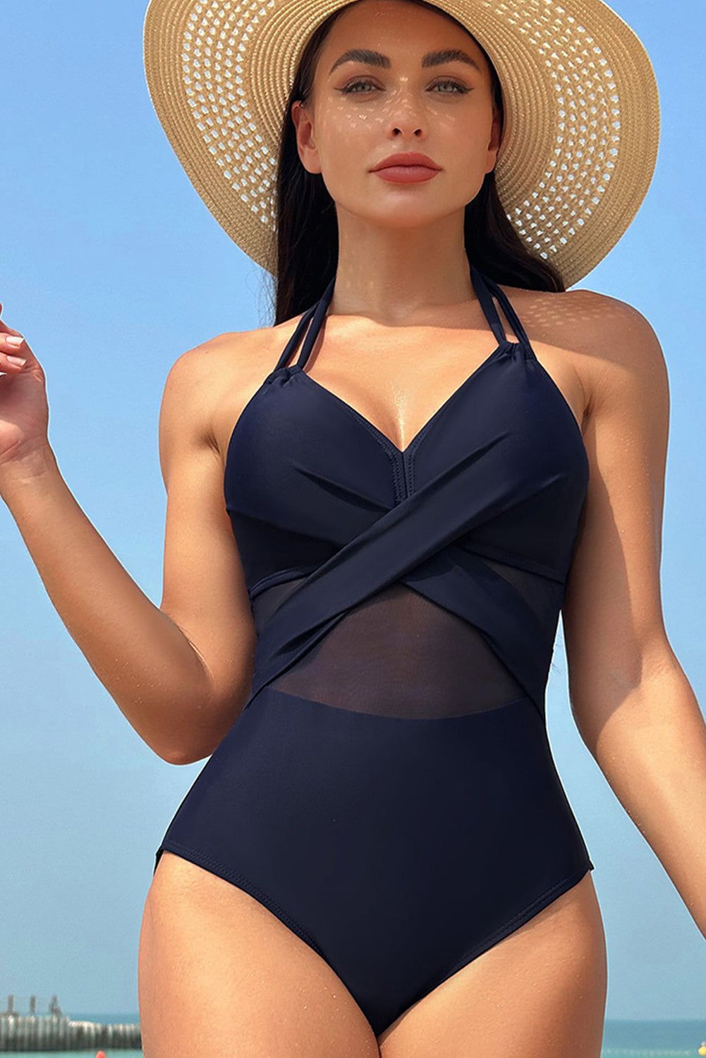 Navy Blue Halter Mesh Insert Cross Front One-Piece Swimsuit-Chaelisa's New Jammies