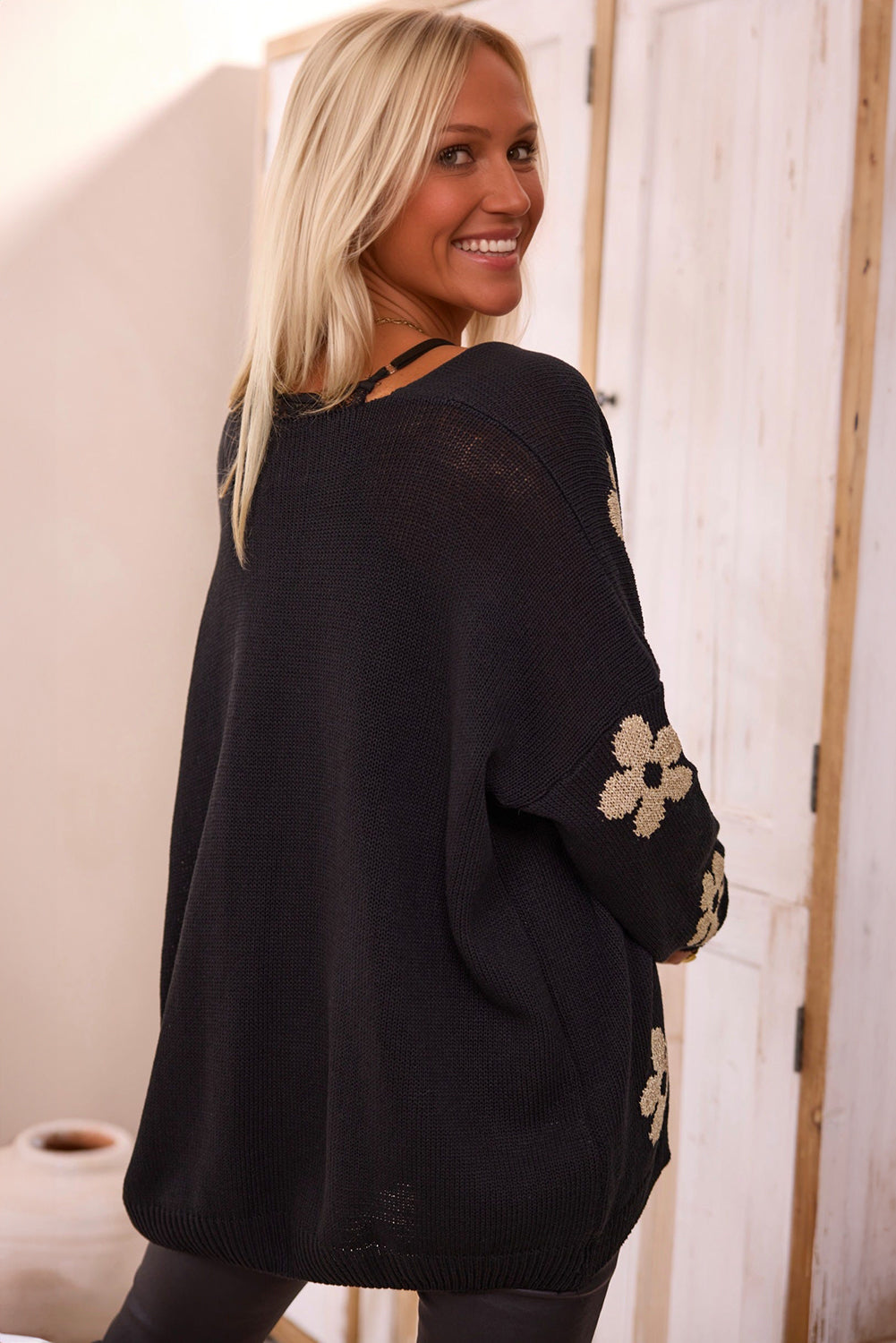 Black Floral Print Knitted Open Front Loose Cardigan-Chaelisa's New Jammies