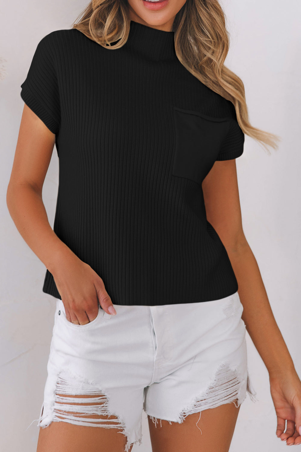 Black Patch Pocket Ribbed Knit Short Sleeve Sweater-Chaelisa's New Jammies
