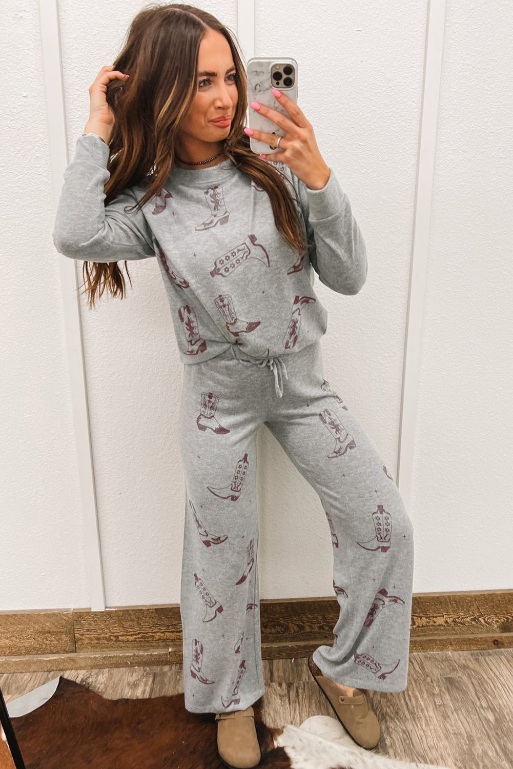 Gray Cowgirl Boots Printed Long Sleeve Top Pants Lounge Set-Chaelisa's New Jammies