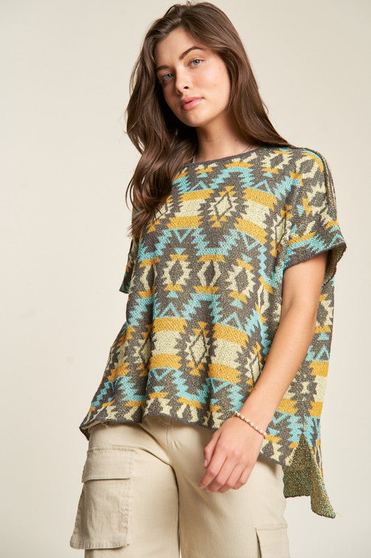 Davi & Dani High-Low Geometric Round Neck Knit Top-Chaelisa's New Jammies