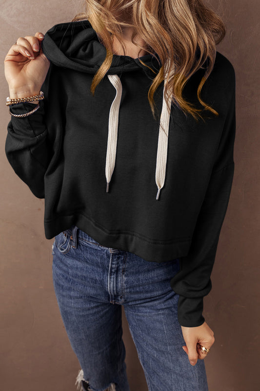 Black Solid Drop Shoulder Drawstring Cropped Hoodie-Chaelisa's New Jammies