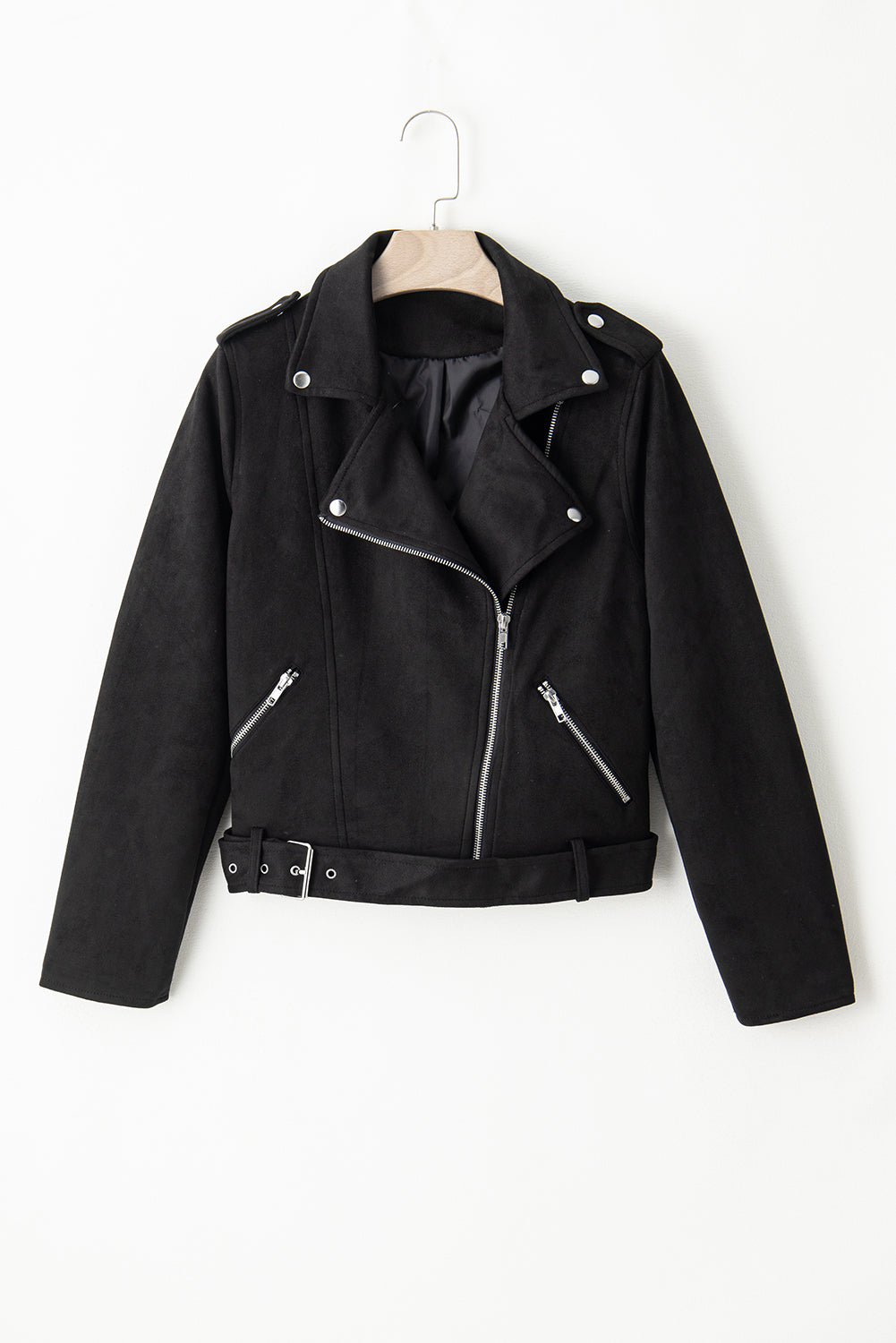 Black Asymmetric Zipper Belted Hem Jacket-Chaelisa's New Jammies