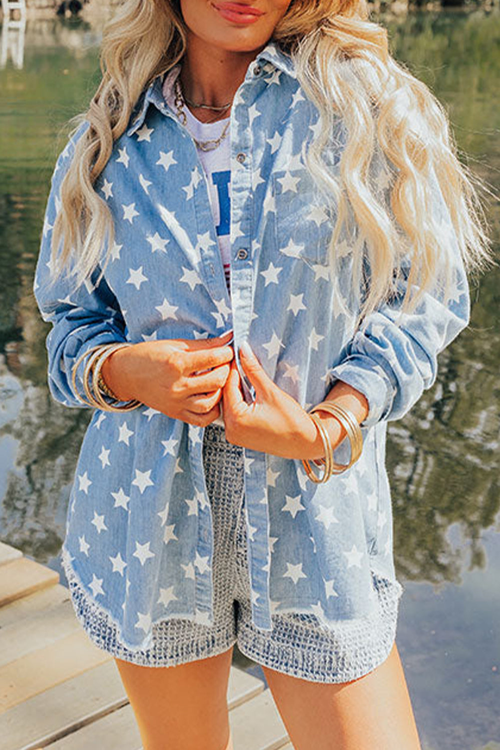 Sky Blue Star Print Light Wash Raw Hem Denim Jacket-Chaelisa's New Jammies