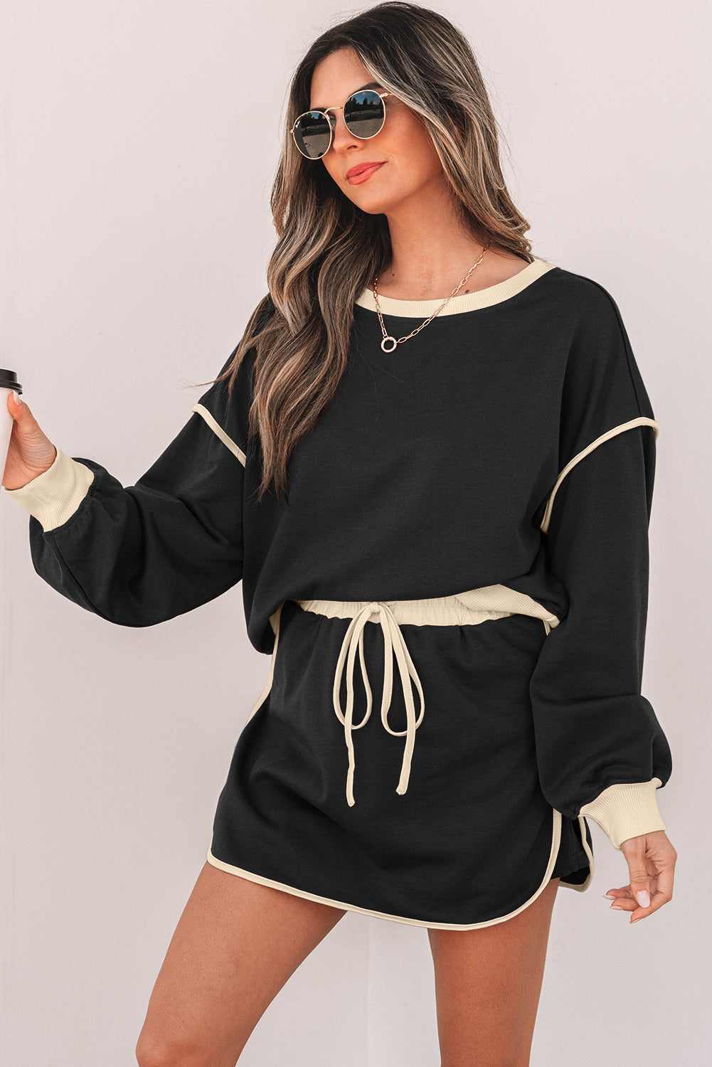 Black Color Contrast Loose Pullover and Lace-up Waist Skort Set-Chaelisa's New Jammies