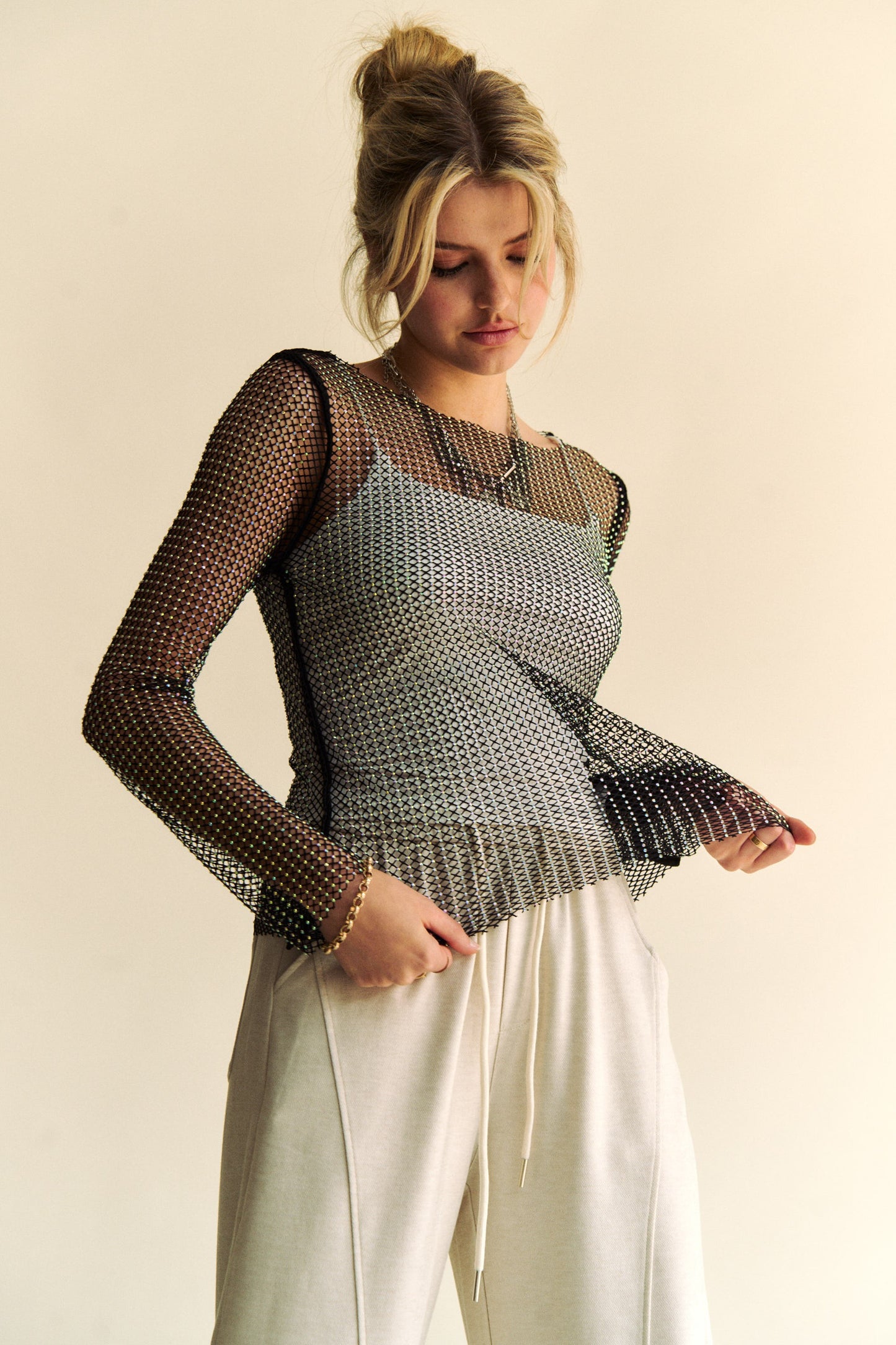 Davi & Dani Sparkling Rhinestone Sheer Mesh Round Neck Top-Chaelisa's New Jammies