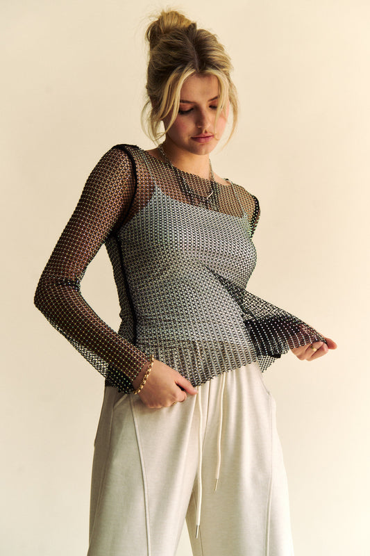 Davi & Dani Sparkling Rhinestone Sheer Mesh Round Neck Top-Chaelisa's New Jammies