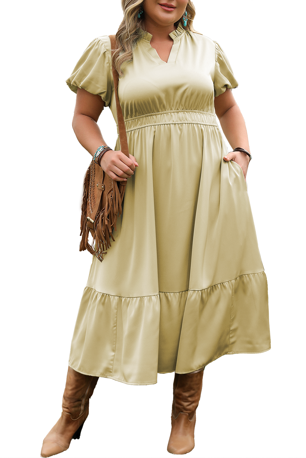 Laurel Green Notched V Neck Puff Sleeve Tiered Plus Size Maxi Dress-Chaelisa's New Jammies