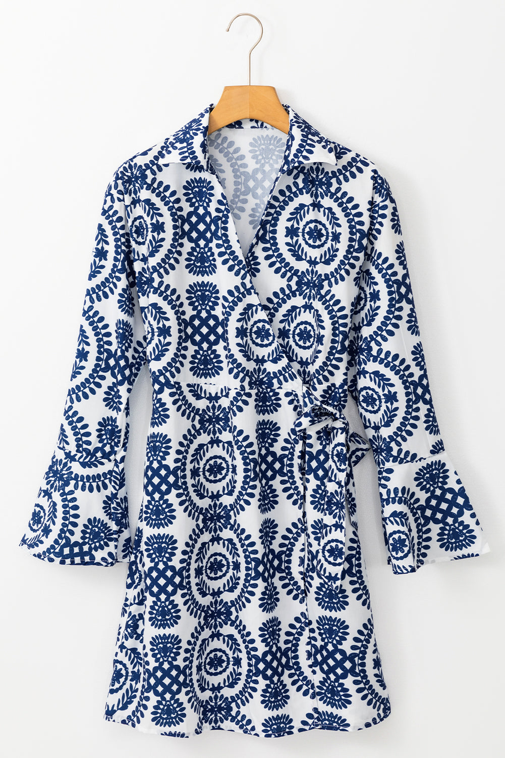 Blue Floral Print V Neck Wrapped Knot Long Sleeve Dress-Chaelisa's New Jammies