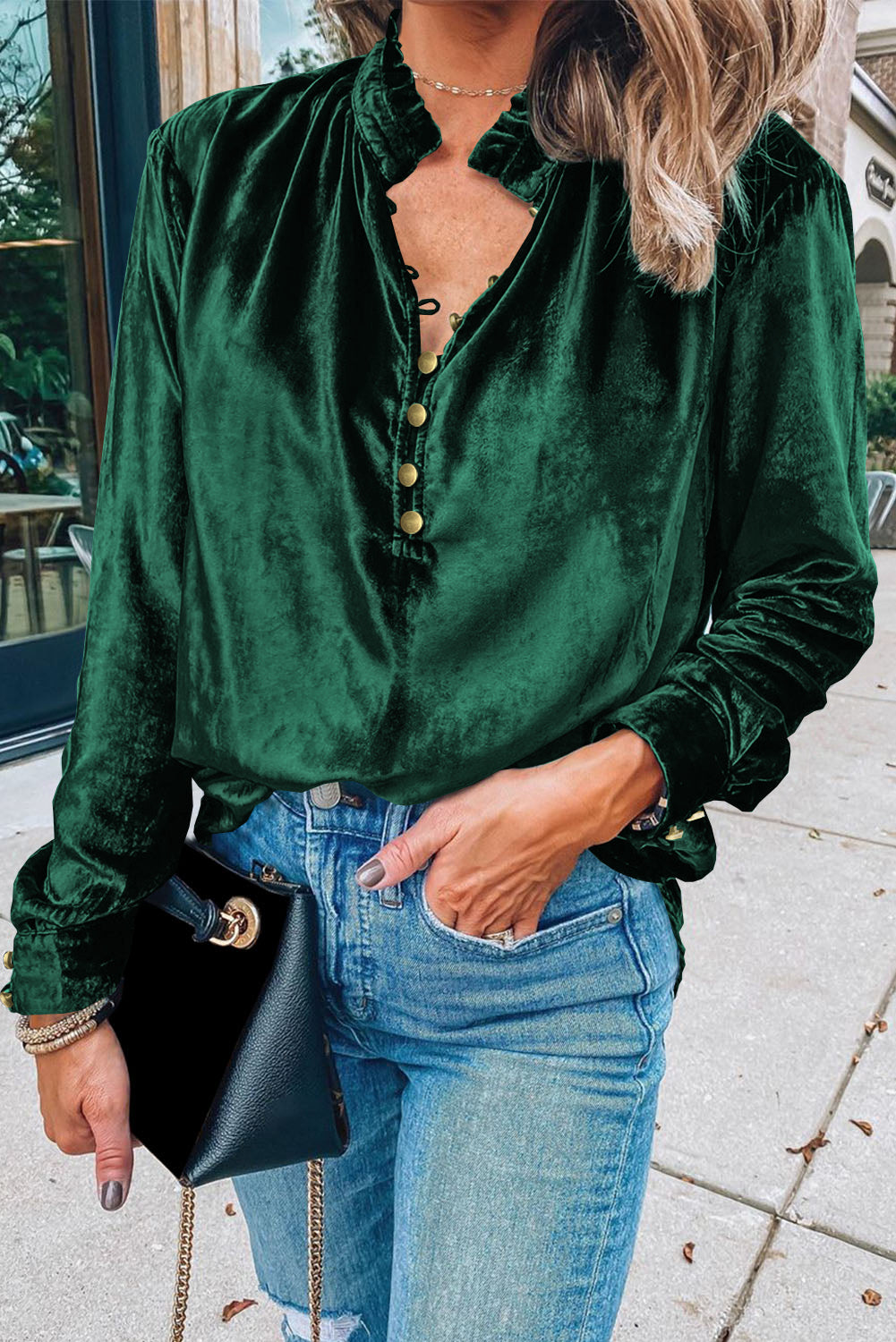 Navy Blue Frilled Buttoned V Neck Velvet Blouse-Chaelisa's New Jammies