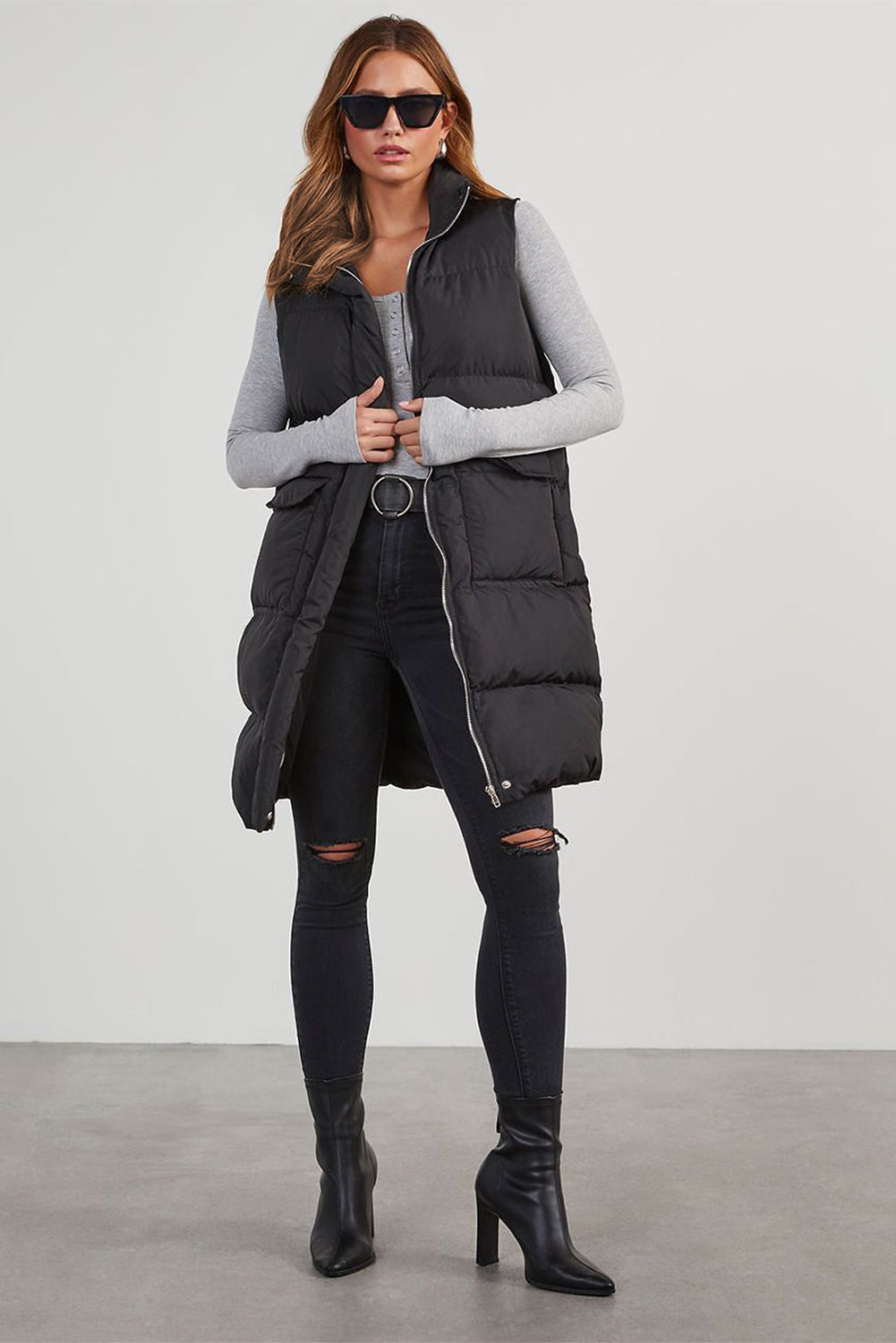 Black Windproof Longline Full Zipper Puffer Vest with Pockets-Chaelisa's New Jammies