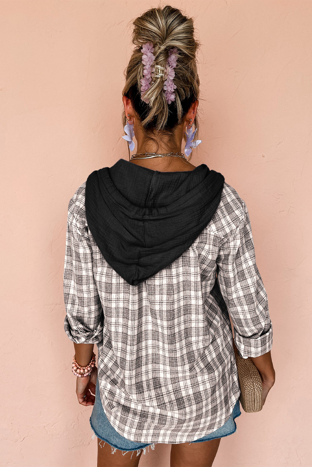 Black Checkered Print Loose Fit Buttoned Hooded Shacket-Chaelisa's New Jammies