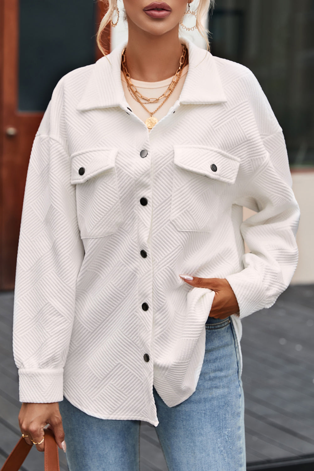 Solid Textured Flap Pocket Buttoned Shacket-Chaelisa's New Jammies
