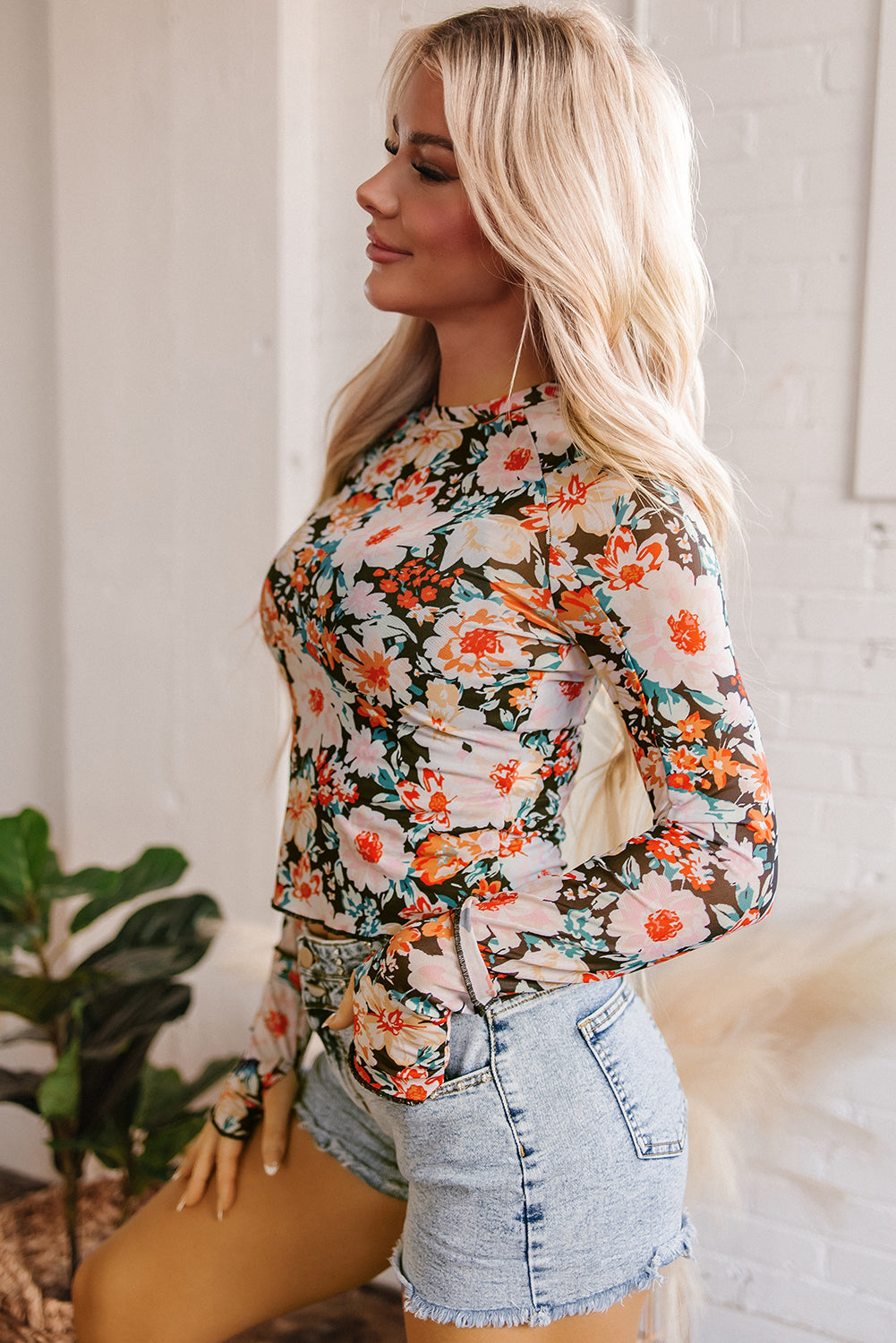 Orange Floral Mesh Slim Long Sleeve Crop Top-Chaelisa's New Jammies