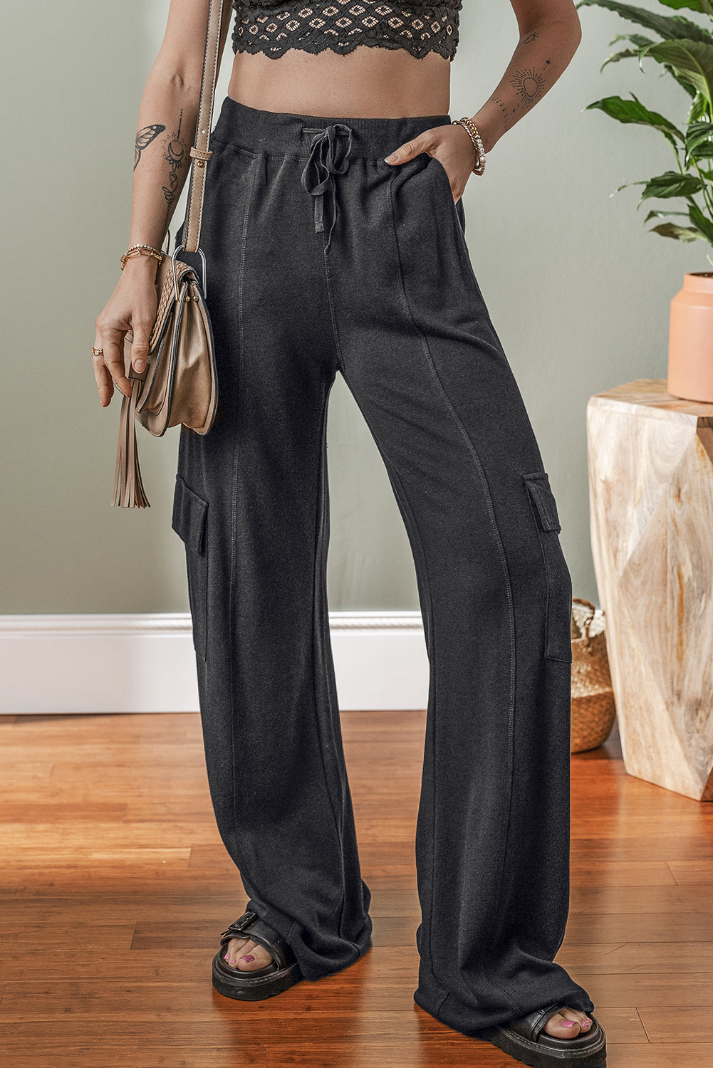 Carbon Grey Cargo Pockets Drawstring Sweatpants-Chaelisa's New Jammies