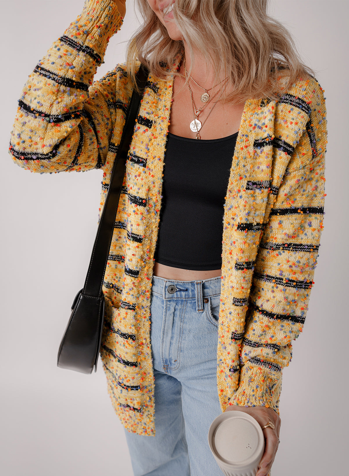 Beige Striped Pom Pom Knit Open Front Long Cardigan-Chaelisa's New Jammies