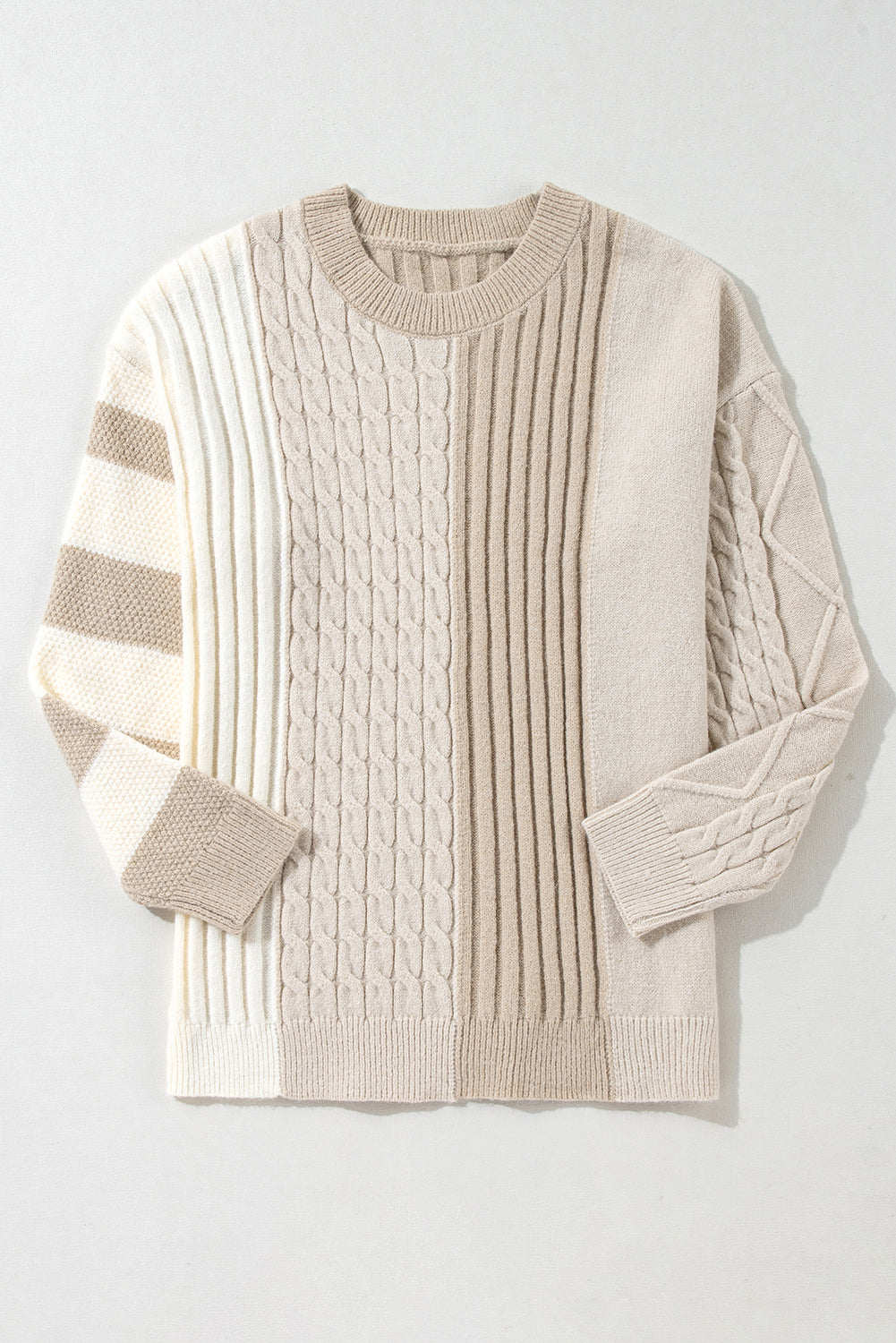 Khaki Cable Knit Colorblock Crew Neck Drop Shoulder Sweater-Chaelisa's New Jammies