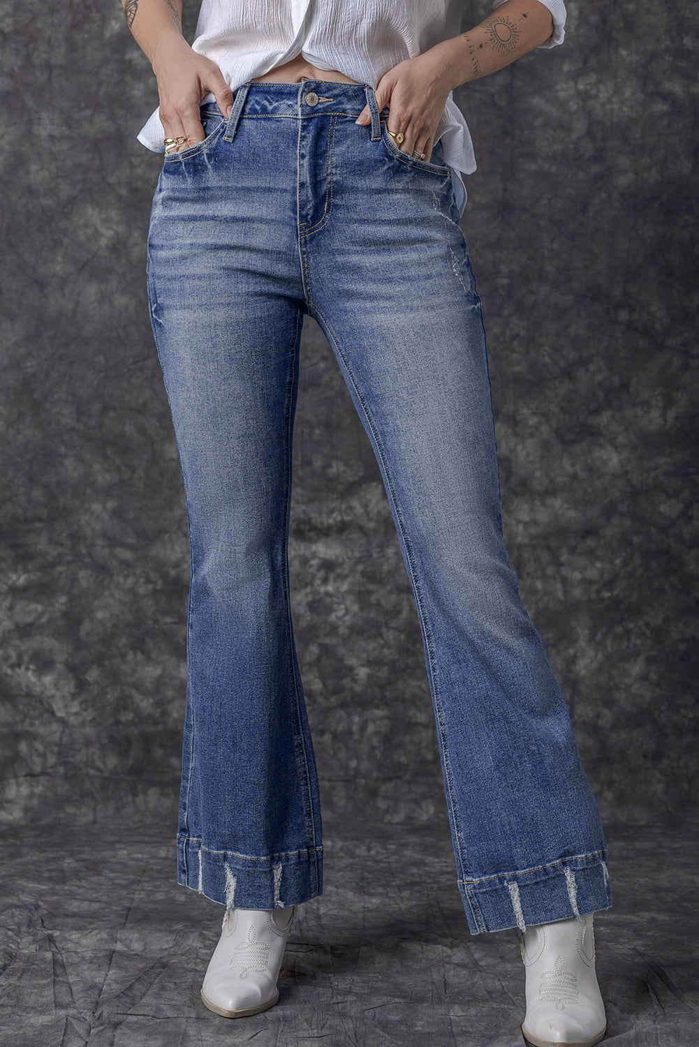 Sky Blue Slight Distressed Medium Wash Flare Jeans-Chaelisa's New Jammies