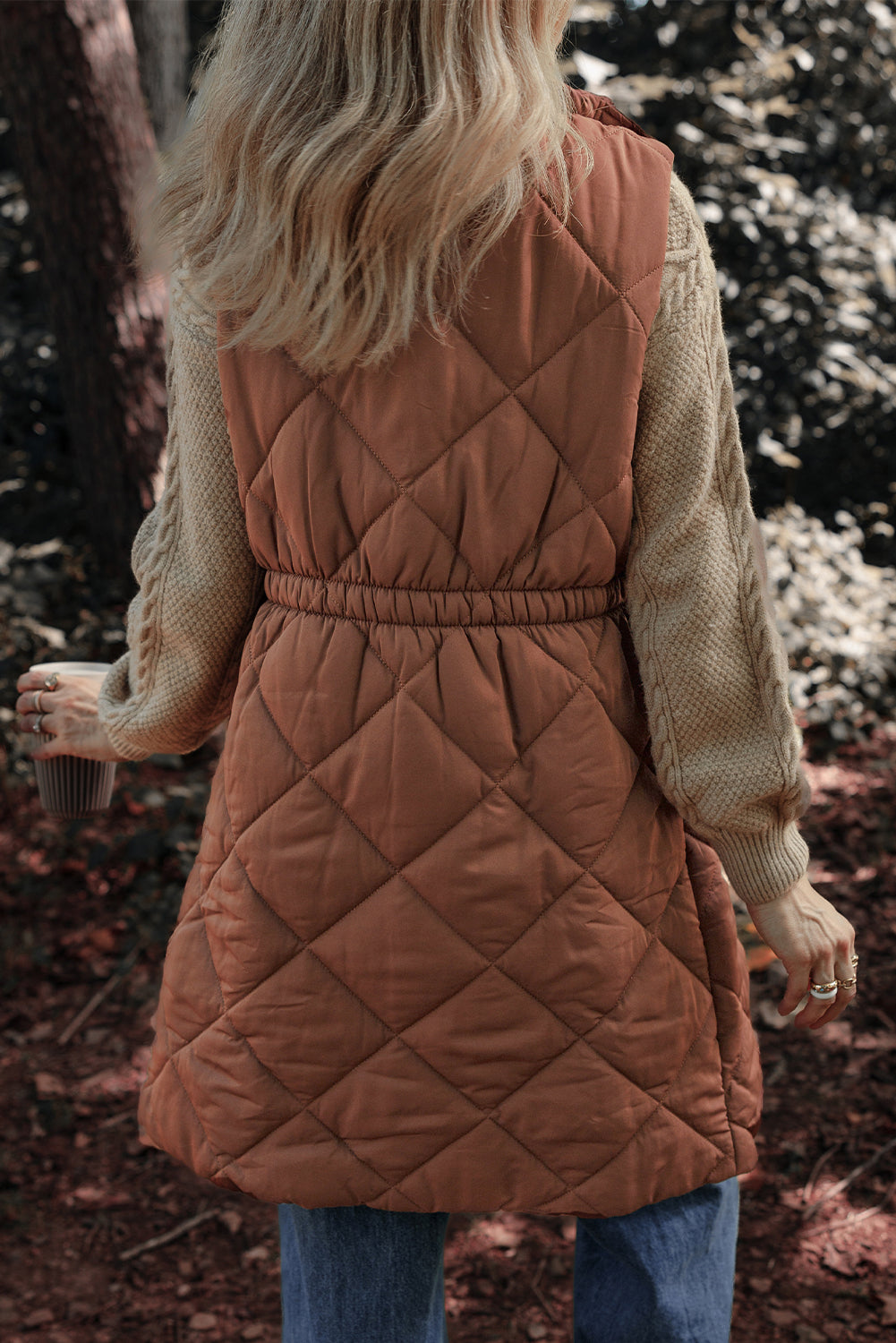 Coffee Longline Quilted Stand Collar Puffer Vest-Chaelisa's New Jammies