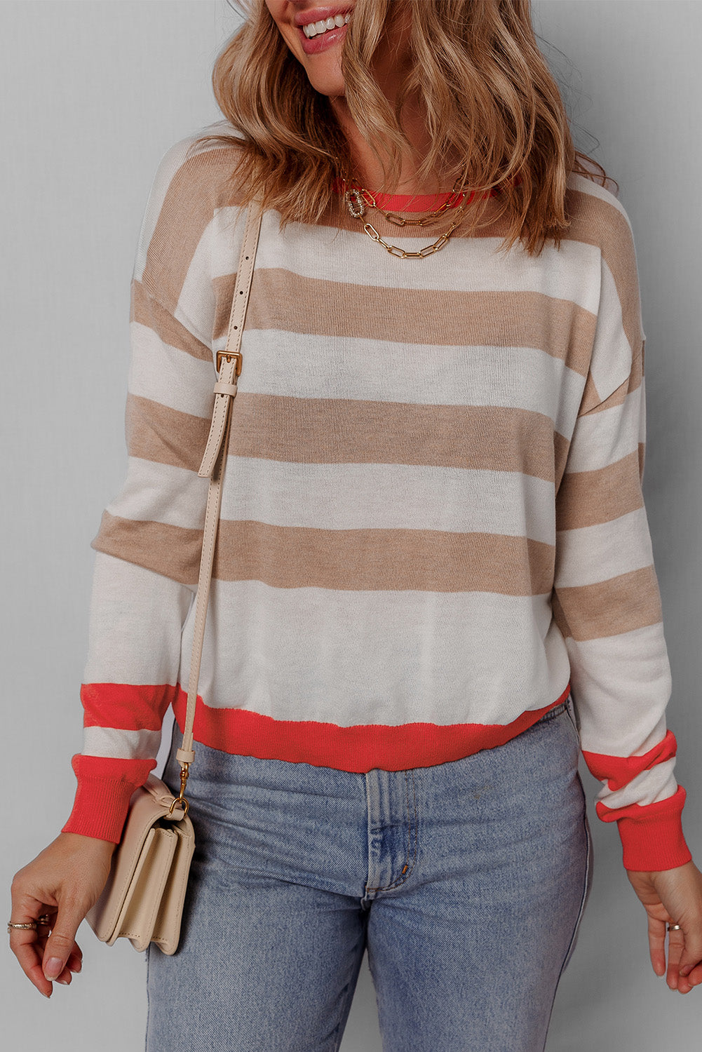 Apricot Colorblock Striped Round Neck Drop Shoulder Sweater-Chaelisa's New Jammies