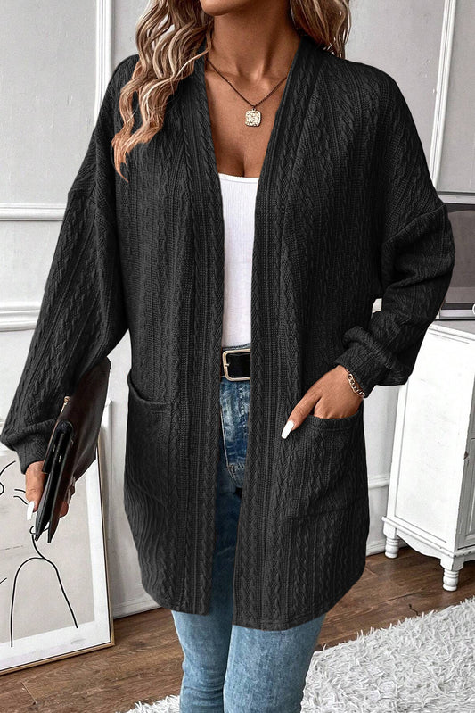 Black Textured Knit Side Pockets Open Front Cardigan-Chaelisa's New Jammies