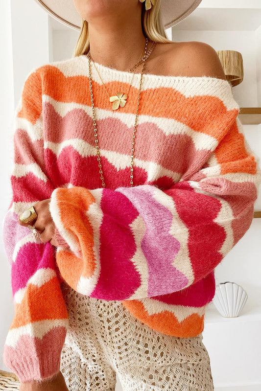 Rose Red Wave Striped Balloon Sleeve Drop Shoulder Sweater-Chaelisa's New Jammies
