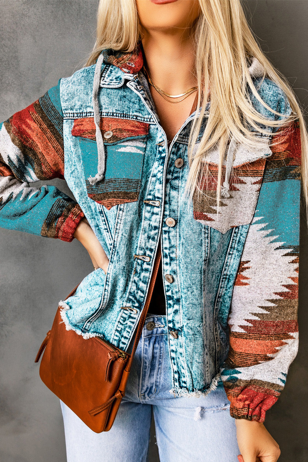 Multicolor Aztec Print Frayed Hem Denim Jacket-Chaelisa's New Jammies