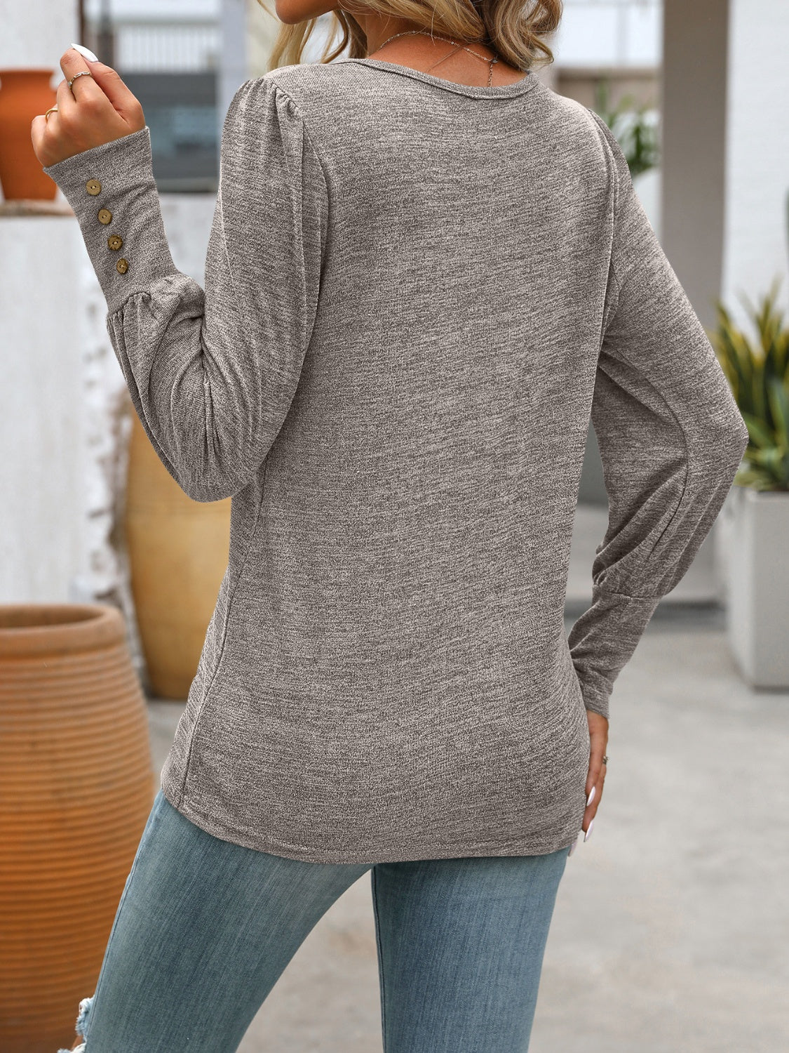 Decorative Button Round Neck Long Sleeve T-Shirt-Chaelisa's New Jammies