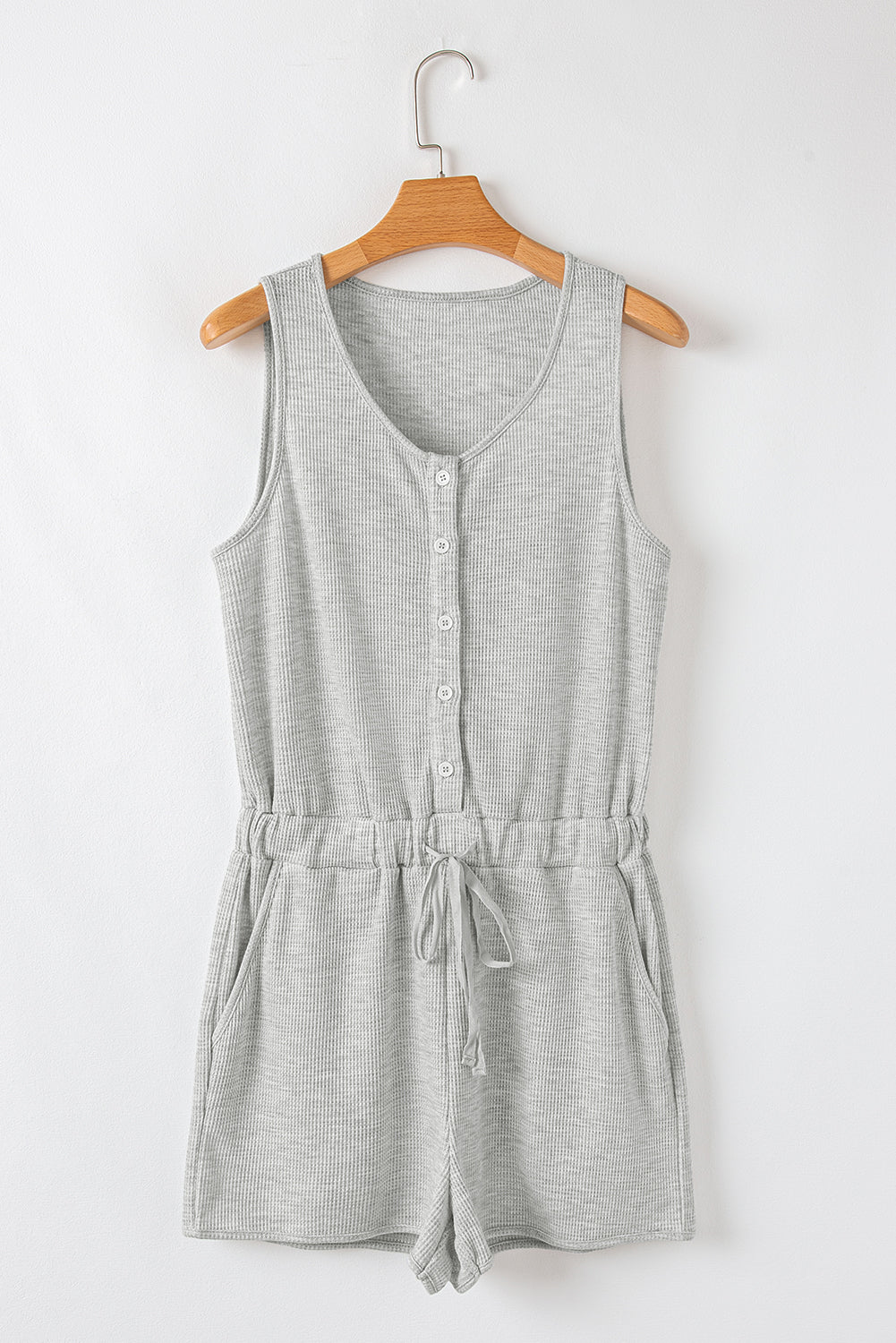 Light Grey Waffle Knit Sleeveless Buttoned Front Drawstring Waist Romper-Chaelisa's New Jammies
