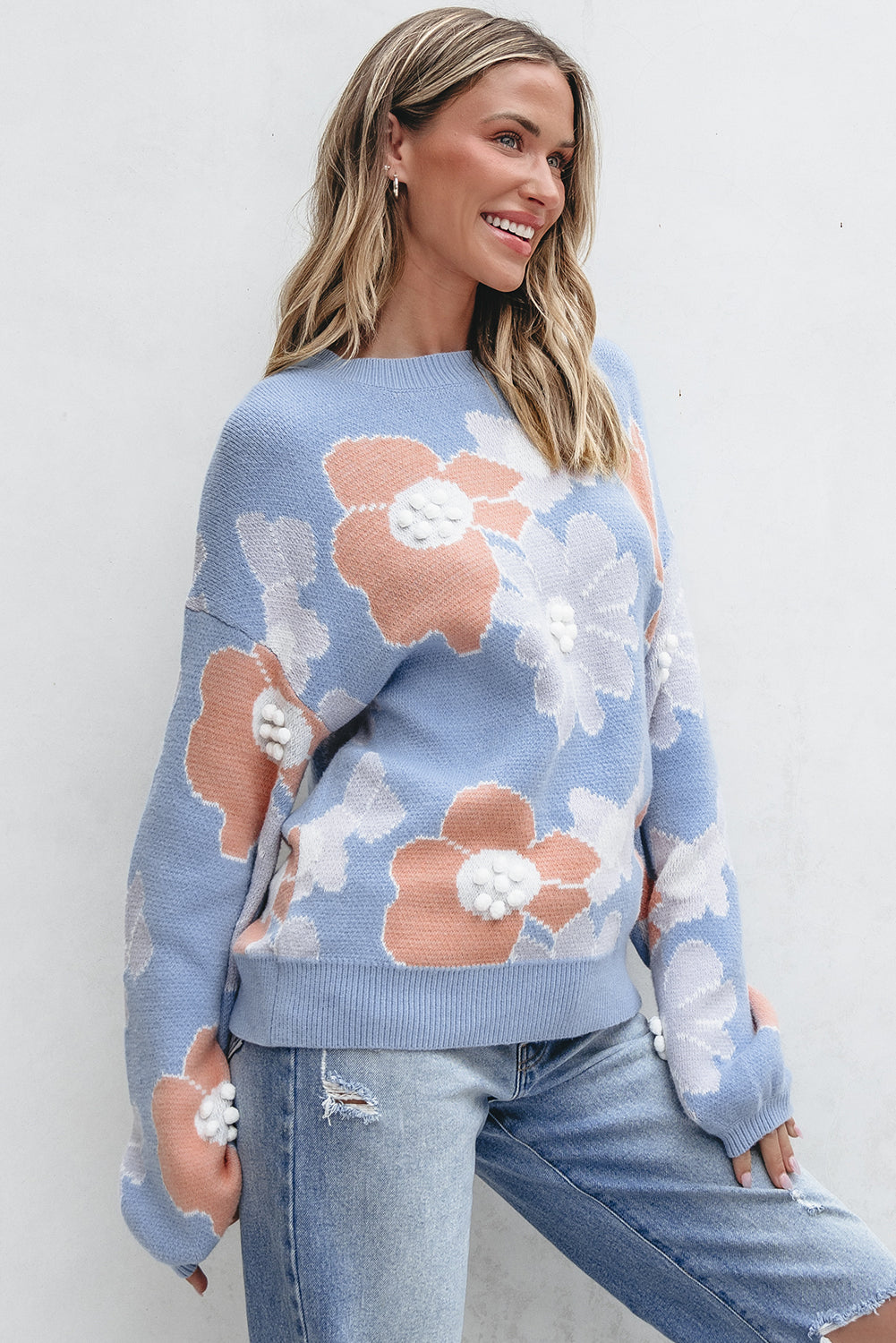 Beau Blue Floral O Neck Drop Shoulder Knitted Sweater-Chaelisa's New Jammies