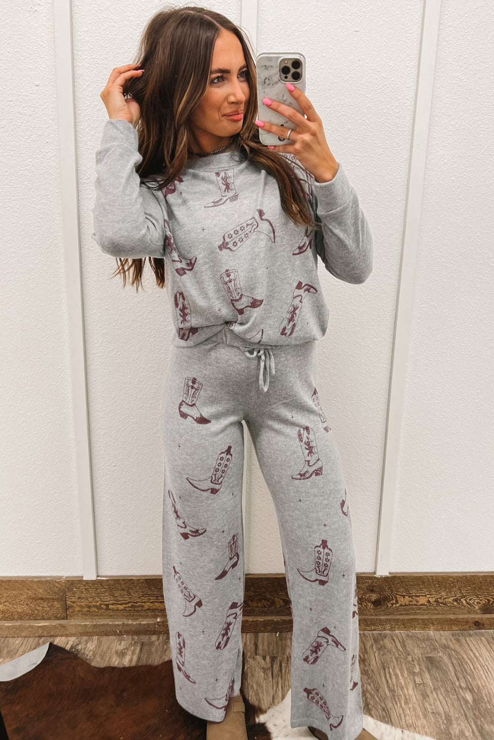 Gray Cowgirl Boots Printed Long Sleeve Top Pants Lounge Set-Chaelisa's New Jammies