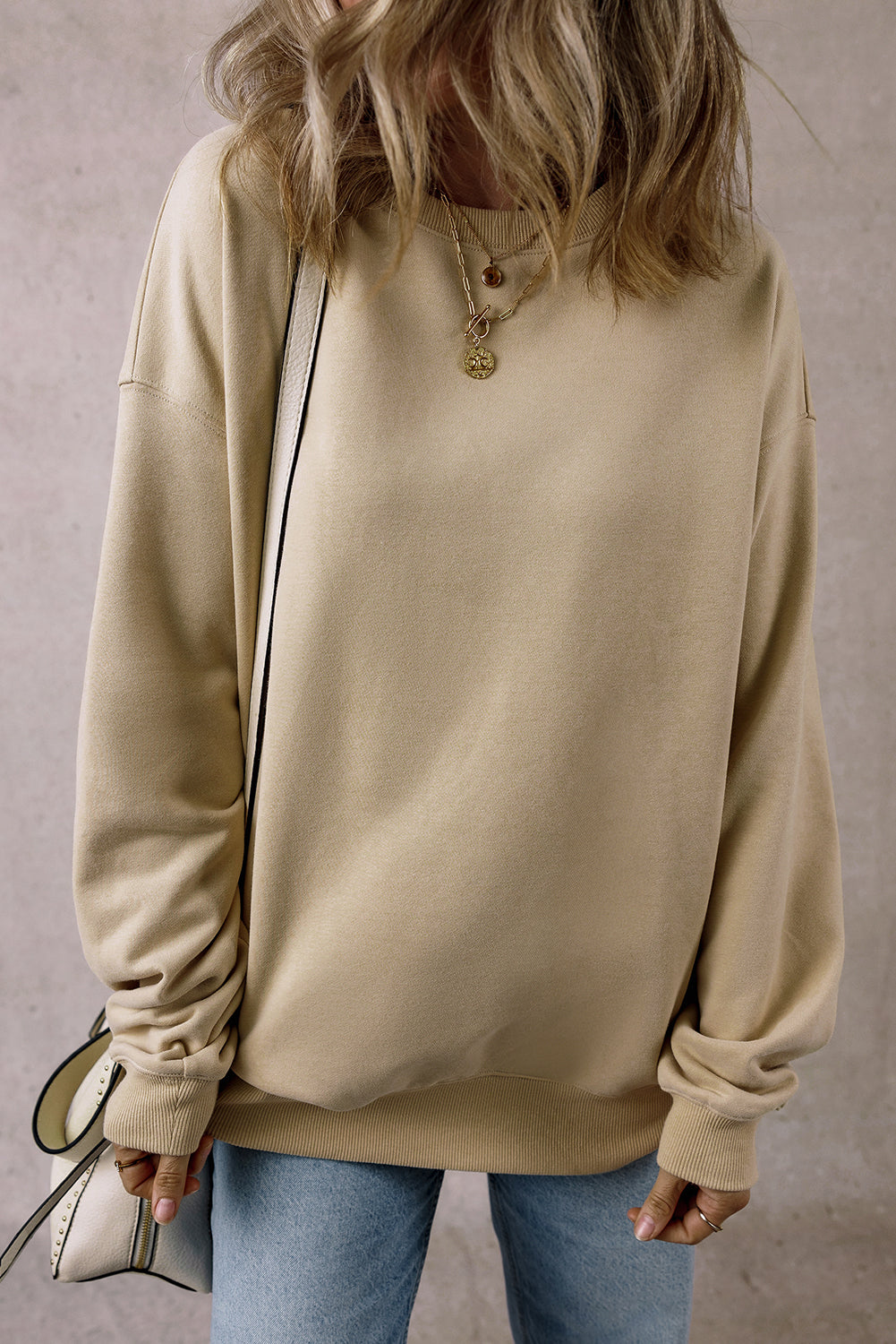 Parchment Solid Loose Crew Neck Fleece Sweatshirt-Chaelisa's New Jammies