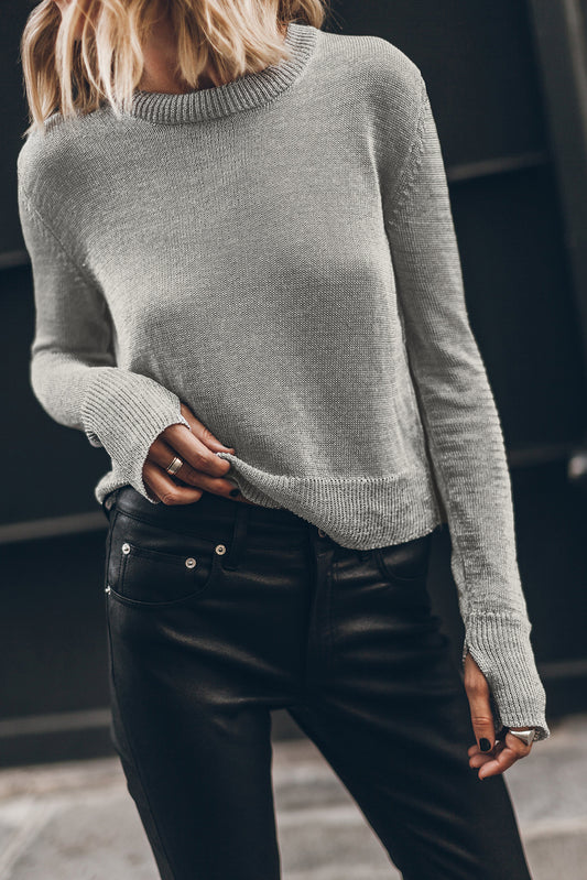 Gray Solid Color Thumbhole Sleeve Ribbed Edge Sweater-Chaelisa's New Jammies