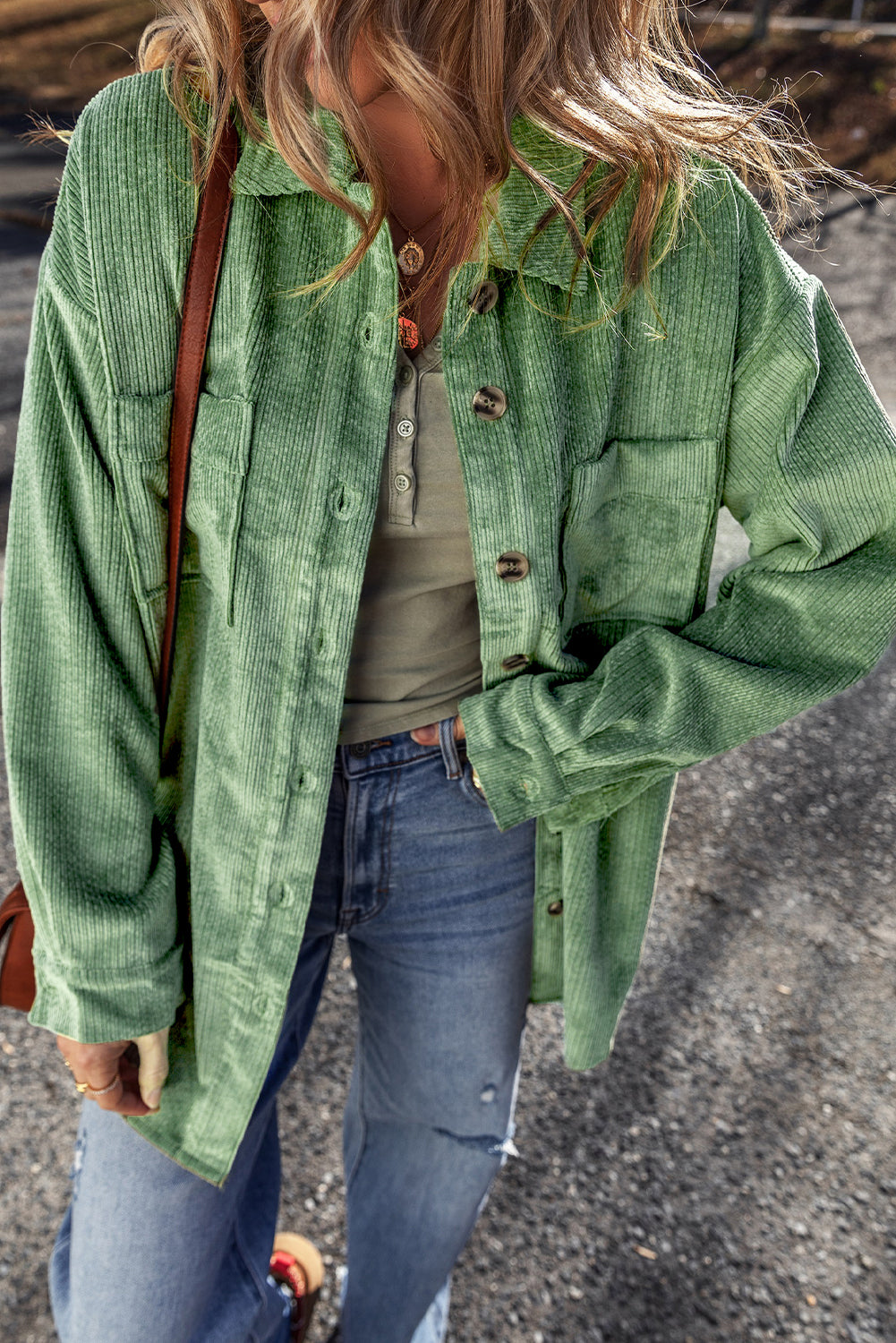 Mist Green Patched Pocket Button Up Corduroy Shacket-Chaelisa's New Jammies