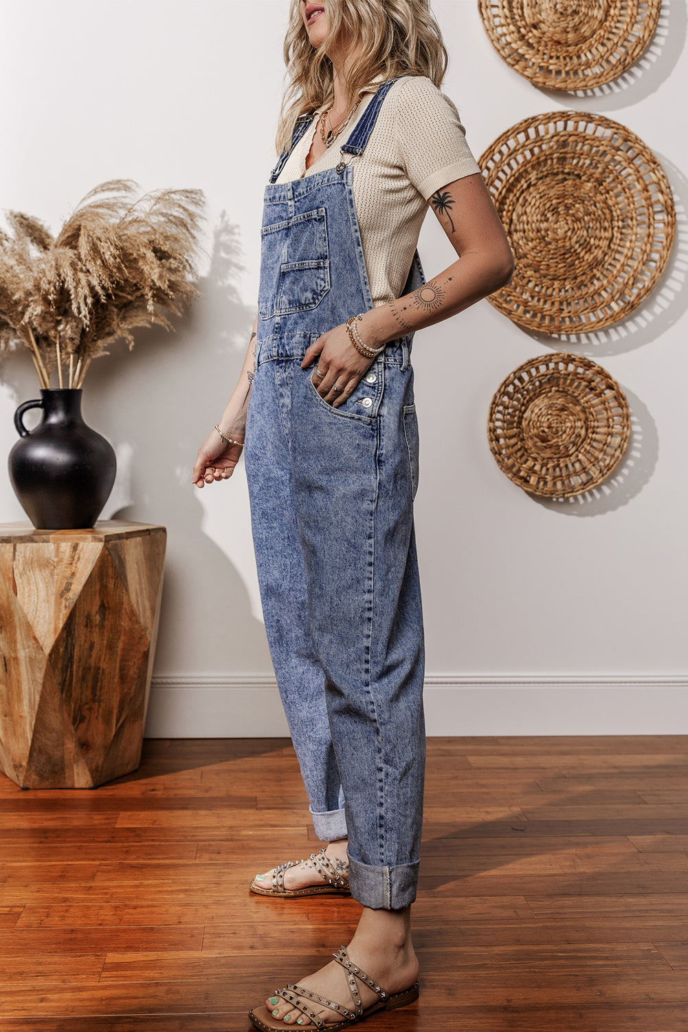 Sail Blue Denim Bib Straight Leg Jumpsuit with Pockets-Chaelisa's New Jammies