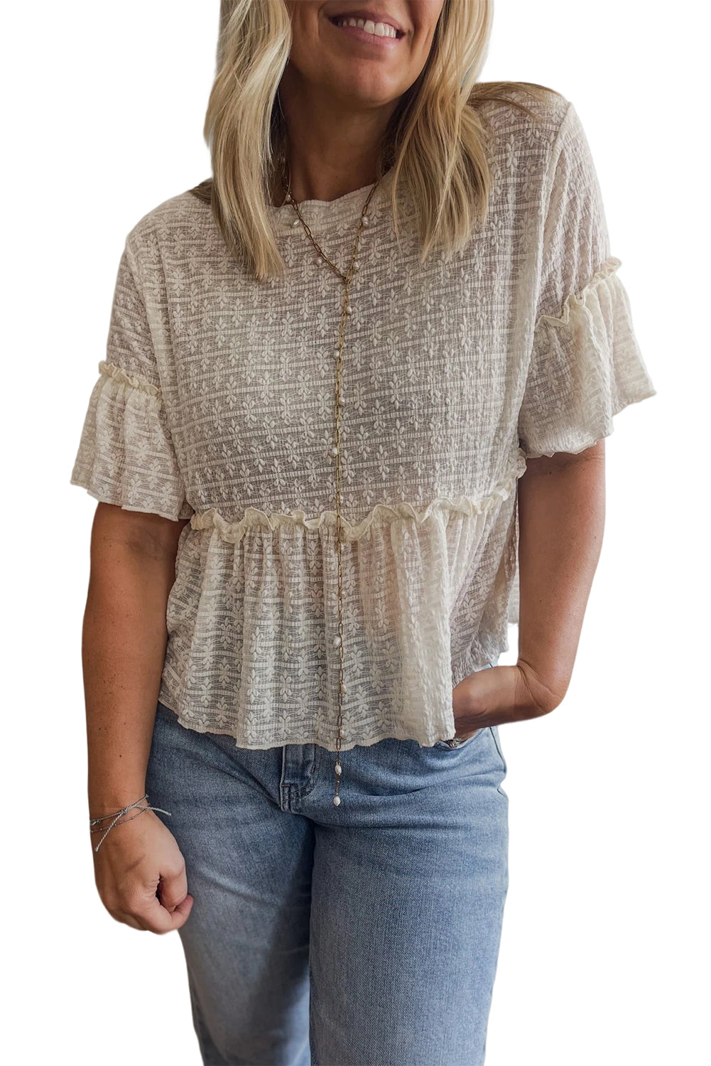 Beige Solid Color Textured Ruffled Short Sleeve Blouse-Chaelisa's New Jammies