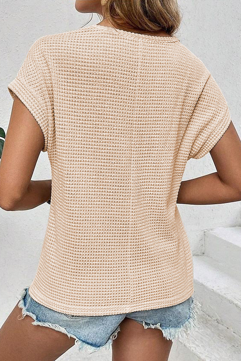 Oatmeal Lace Patchwork Waffle Short Sleeve Top-Chaelisa's New Jammies