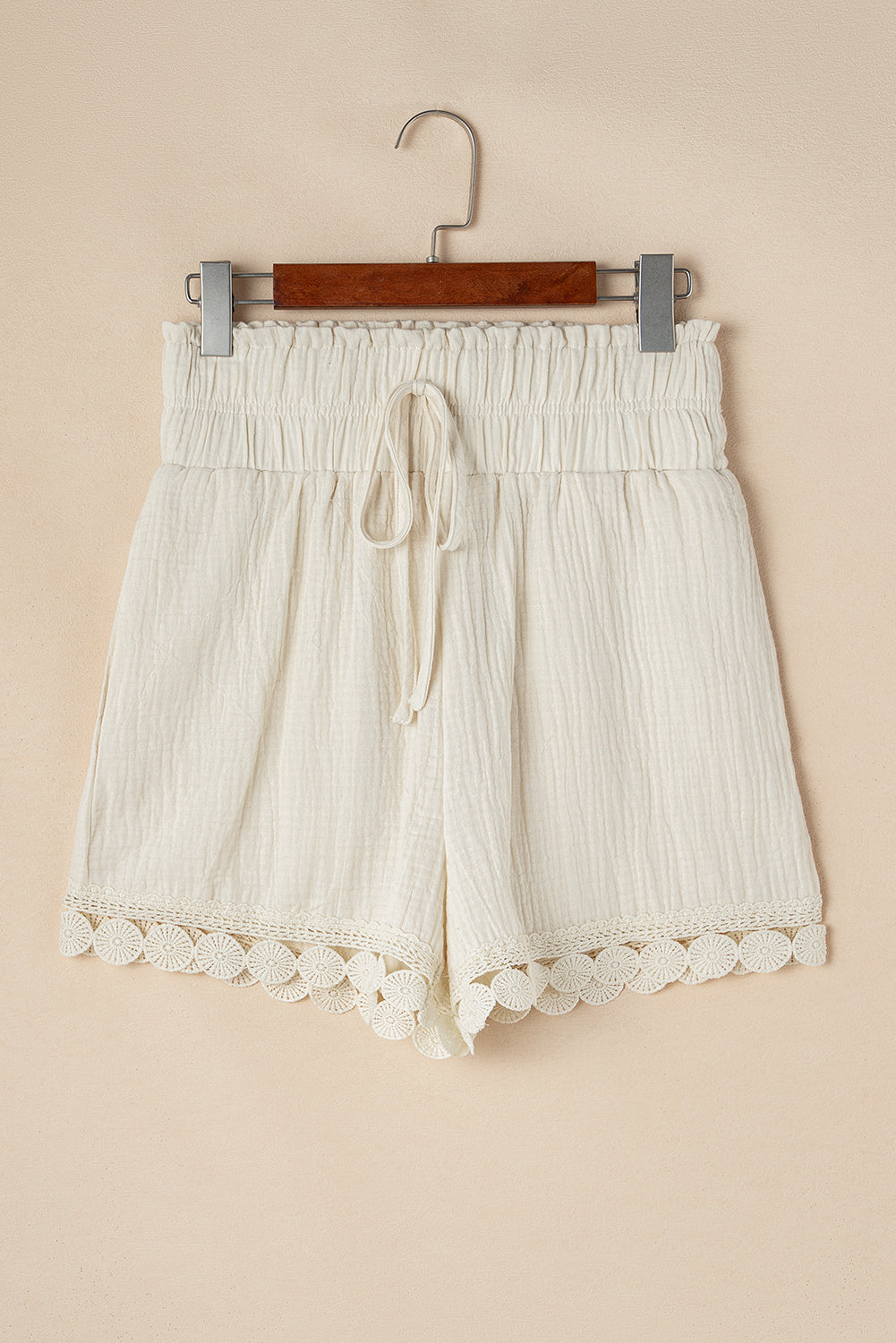 Apricot Textured Frilled Knotted High Waist Lace Hem Shorts-Chaelisa's New Jammies
