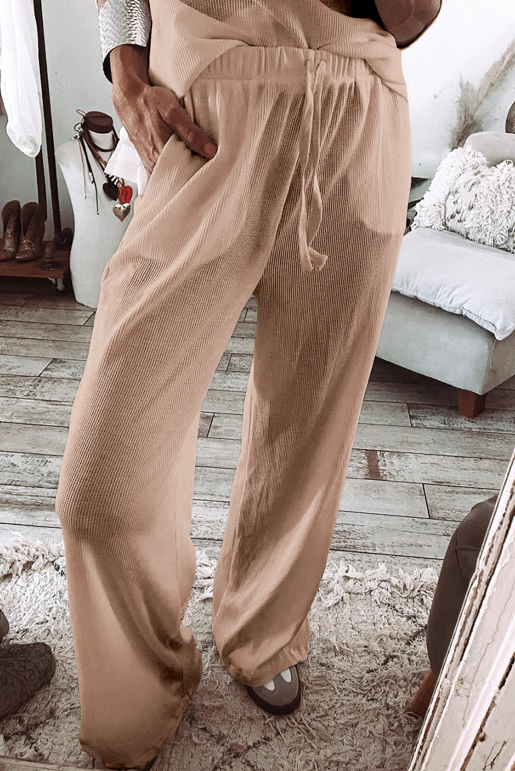 Parchment Textured Long Sleeve T Shirt and Pants Lounge Set-Chaelisa's New Jammies