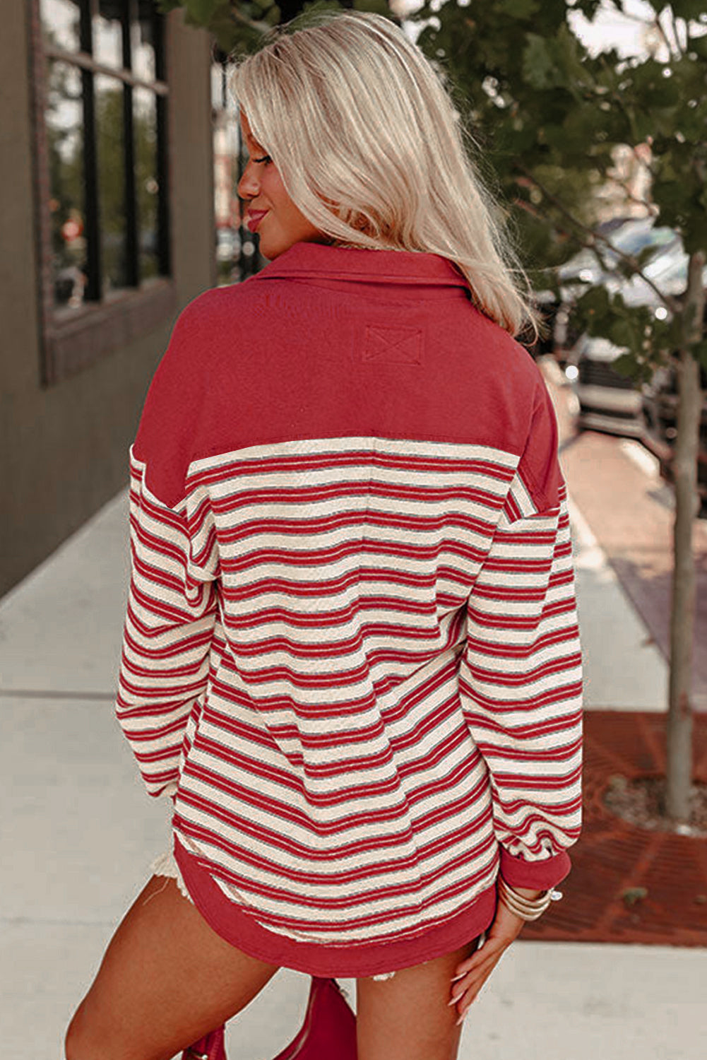 Red Stripe Buttoned V Neck Collared Drop Shoulder Top-Chaelisa's New Jammies