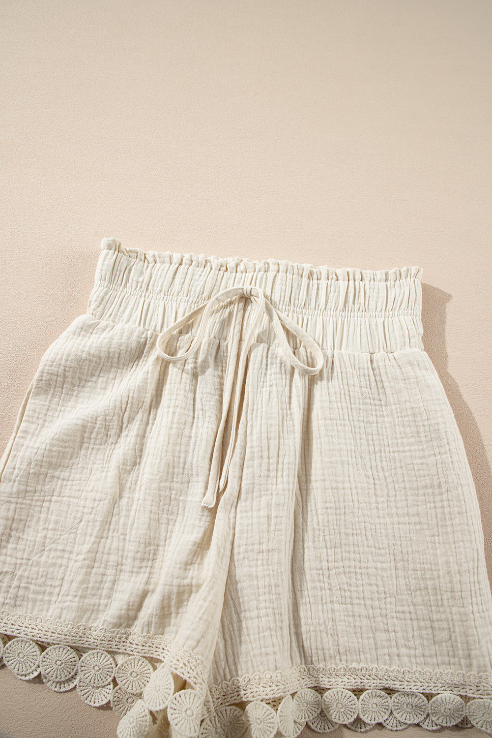 Apricot Textured Frilled Knotted High Waist Lace Hem Shorts-Chaelisa's New Jammies