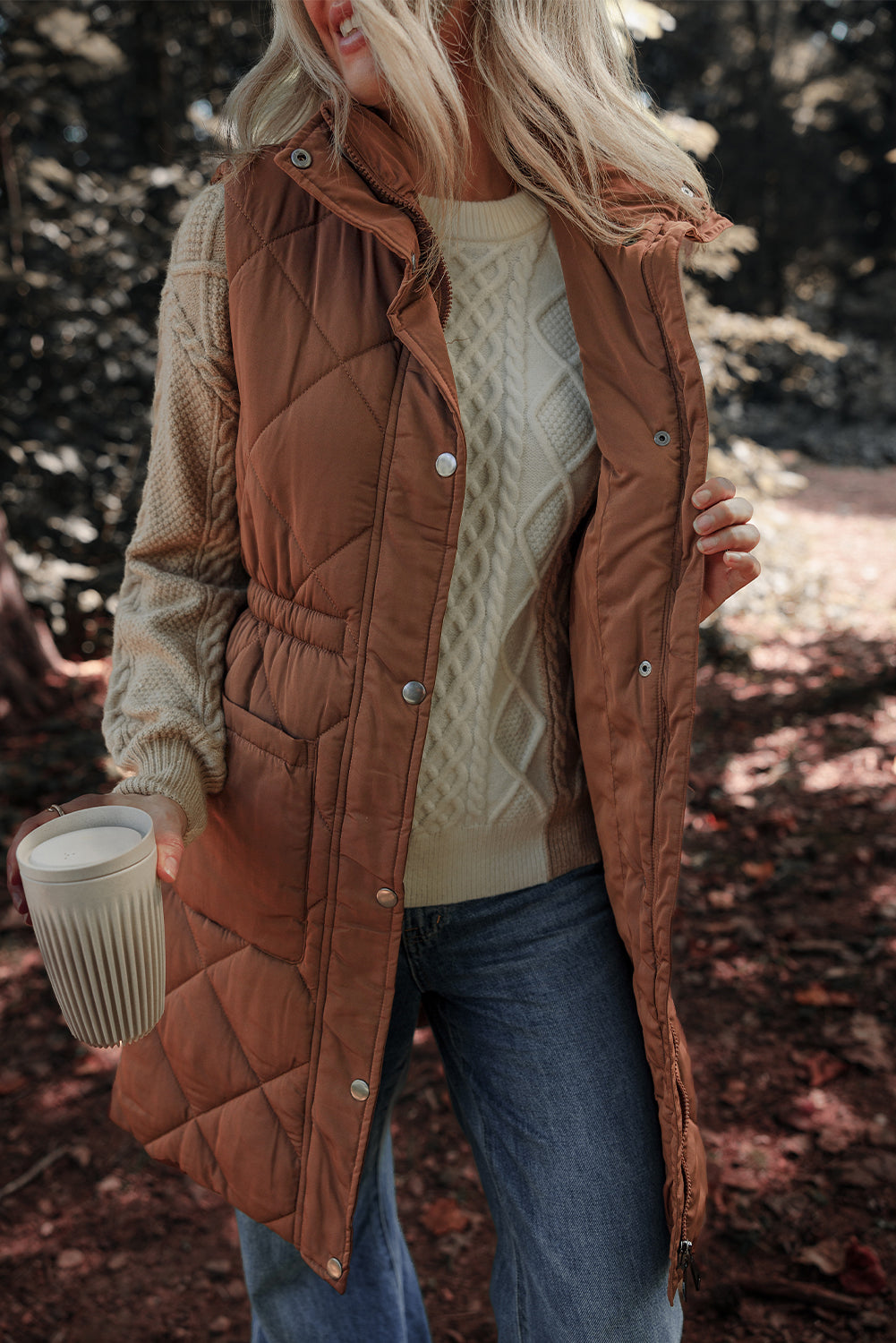 Coffee Longline Quilted Stand Collar Puffer Vest-Chaelisa's New Jammies