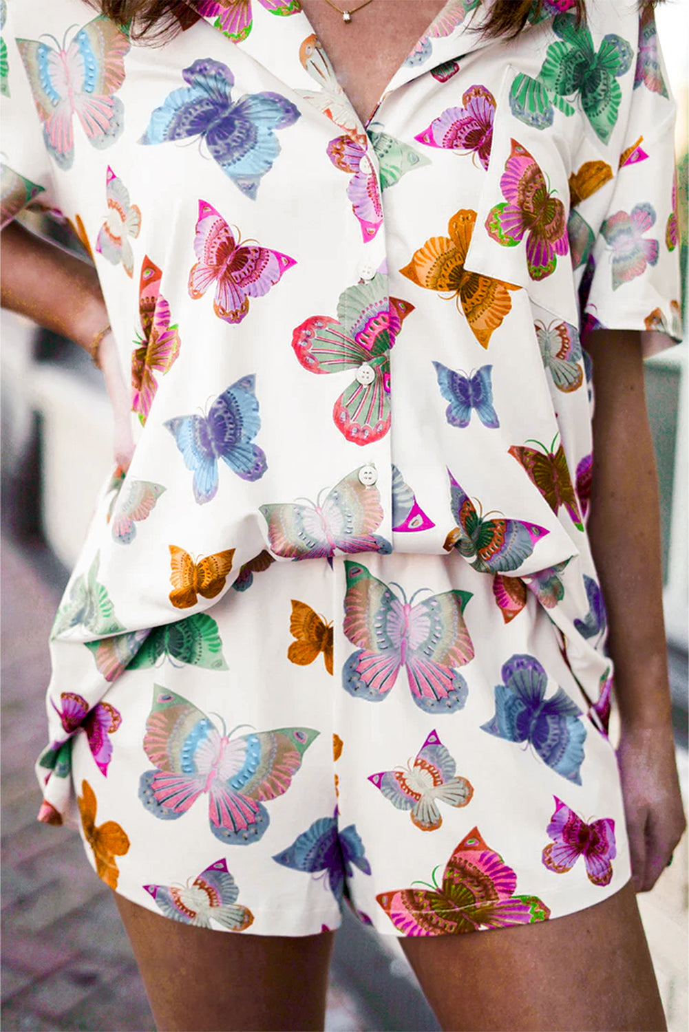 Multicolour Butterfly Pattern Short Sleeve Shirt Pajamas Set-Chaelisa's New Jammies