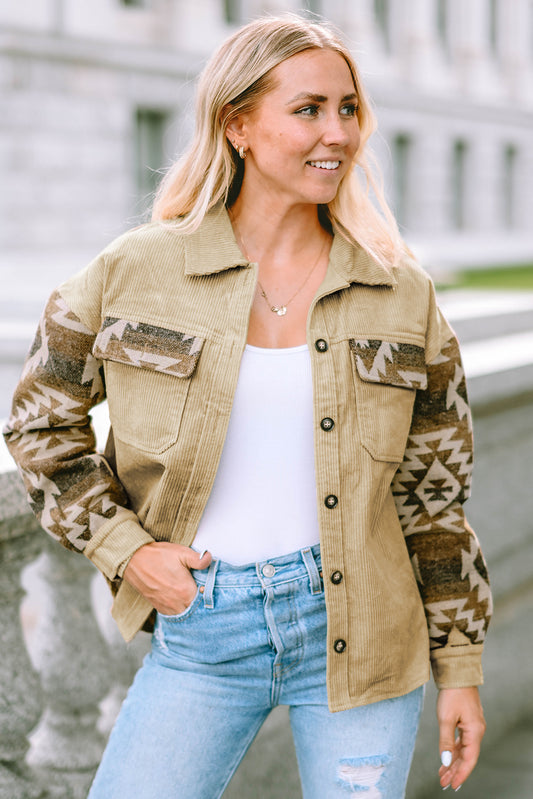Khaki Aztec Print Patchwork Frayed Edge Corduroy Jacket-Chaelisa's New Jammies