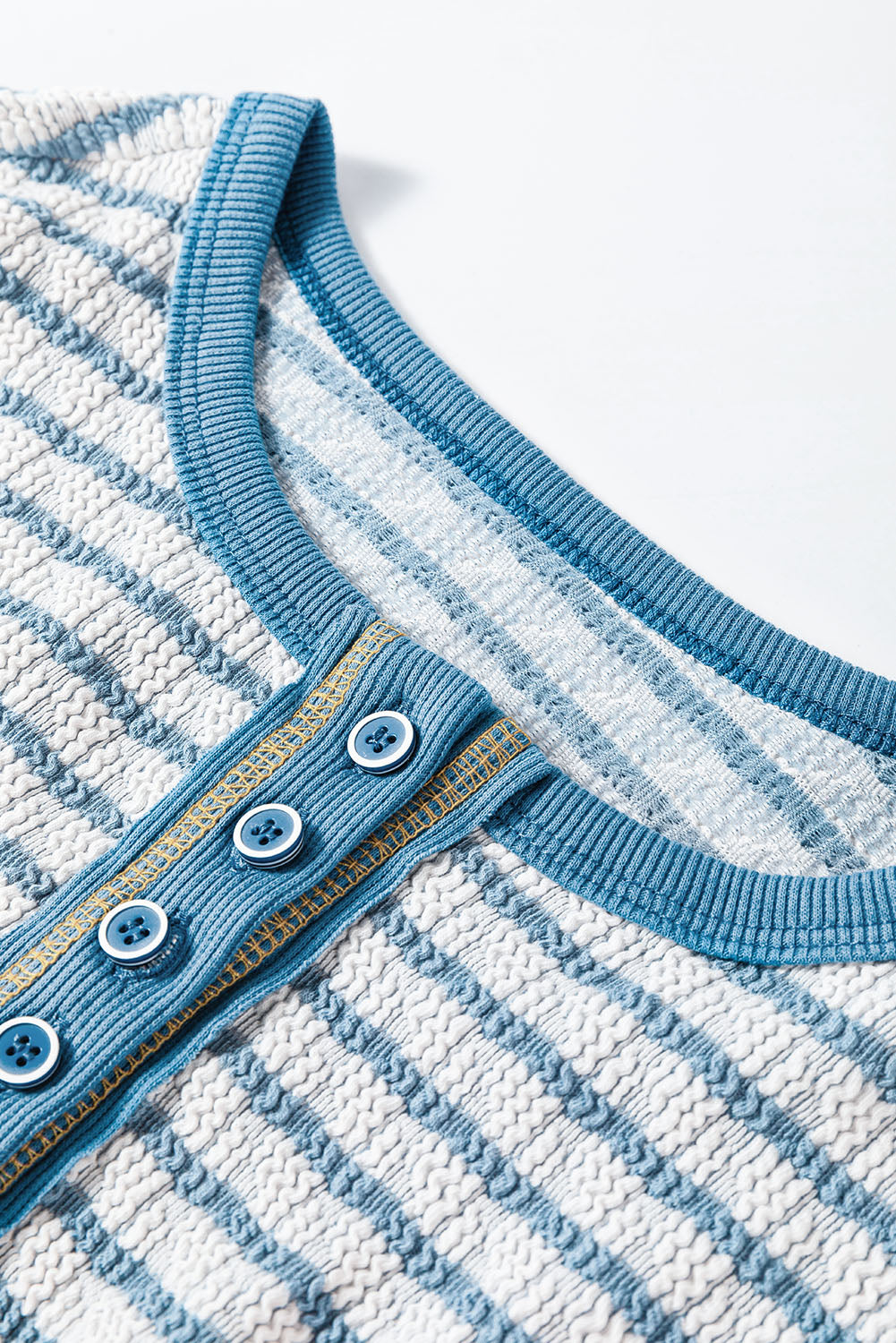 Sky Blue Stripe Textured Frilly Trim Buttons Henley Long Sleeve Top-Chaelisa's New Jammies
