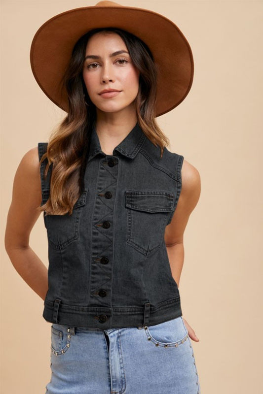 Annie Wear Collared Neck Button Down Denim Vest-Chaelisa's New Jammies