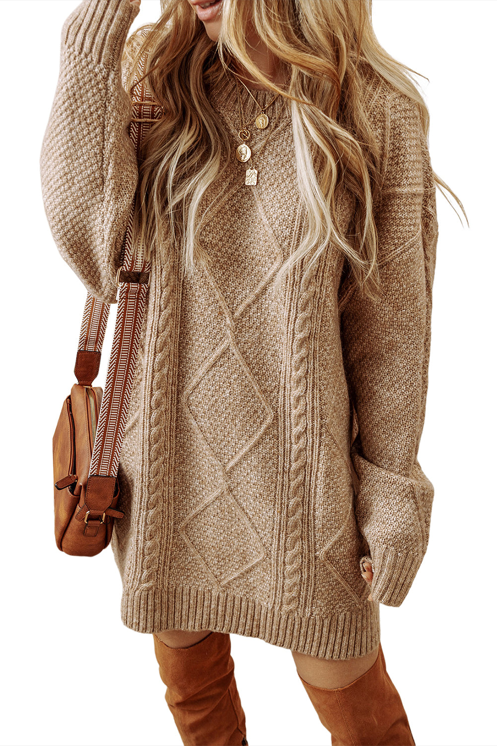 Parchment Cable Knit Drop Shoulder Loose Fit Sweater Dress-Chaelisa's New Jammies